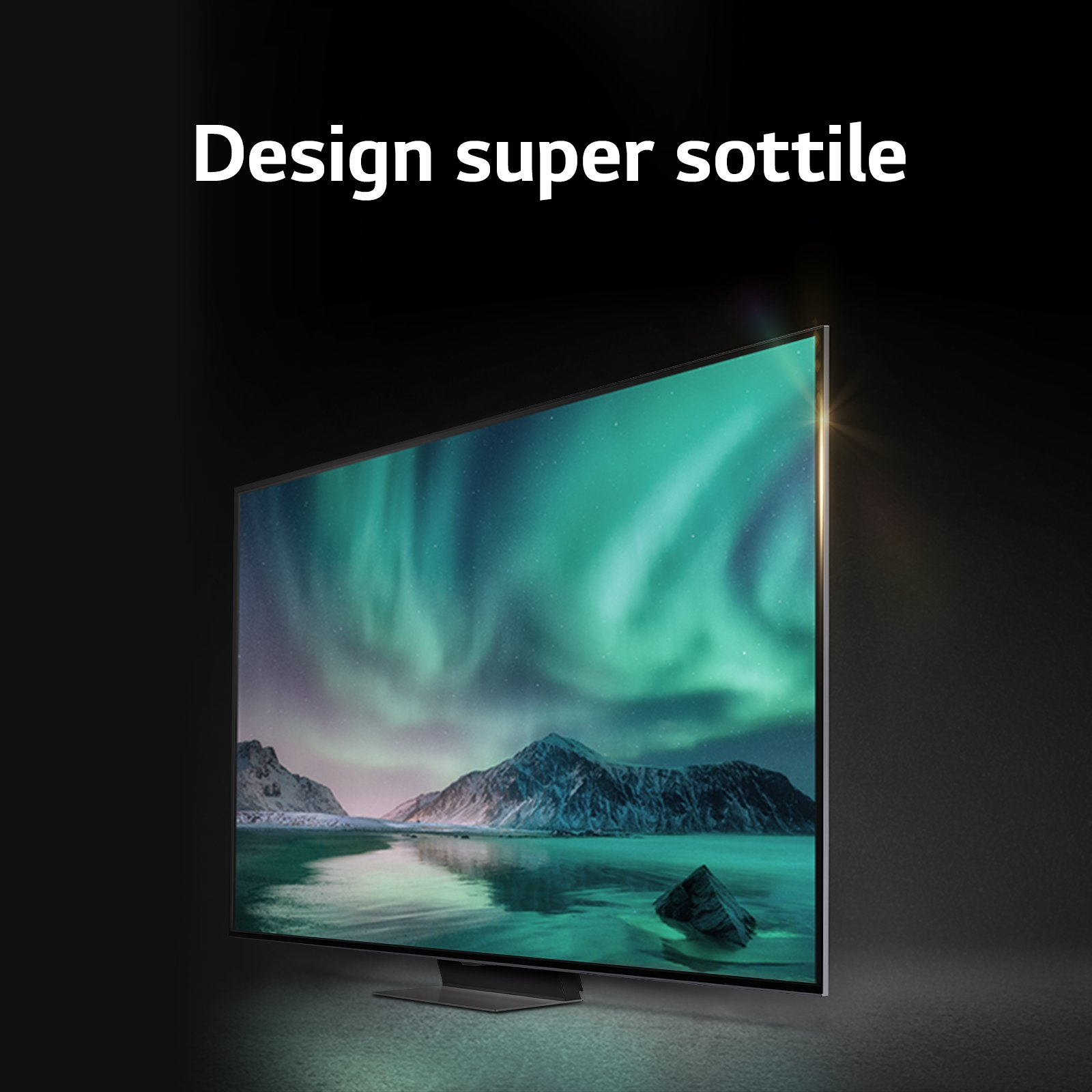 Ekran telewizora z zorzą polarną, z tekstem 'Design super sottile'.