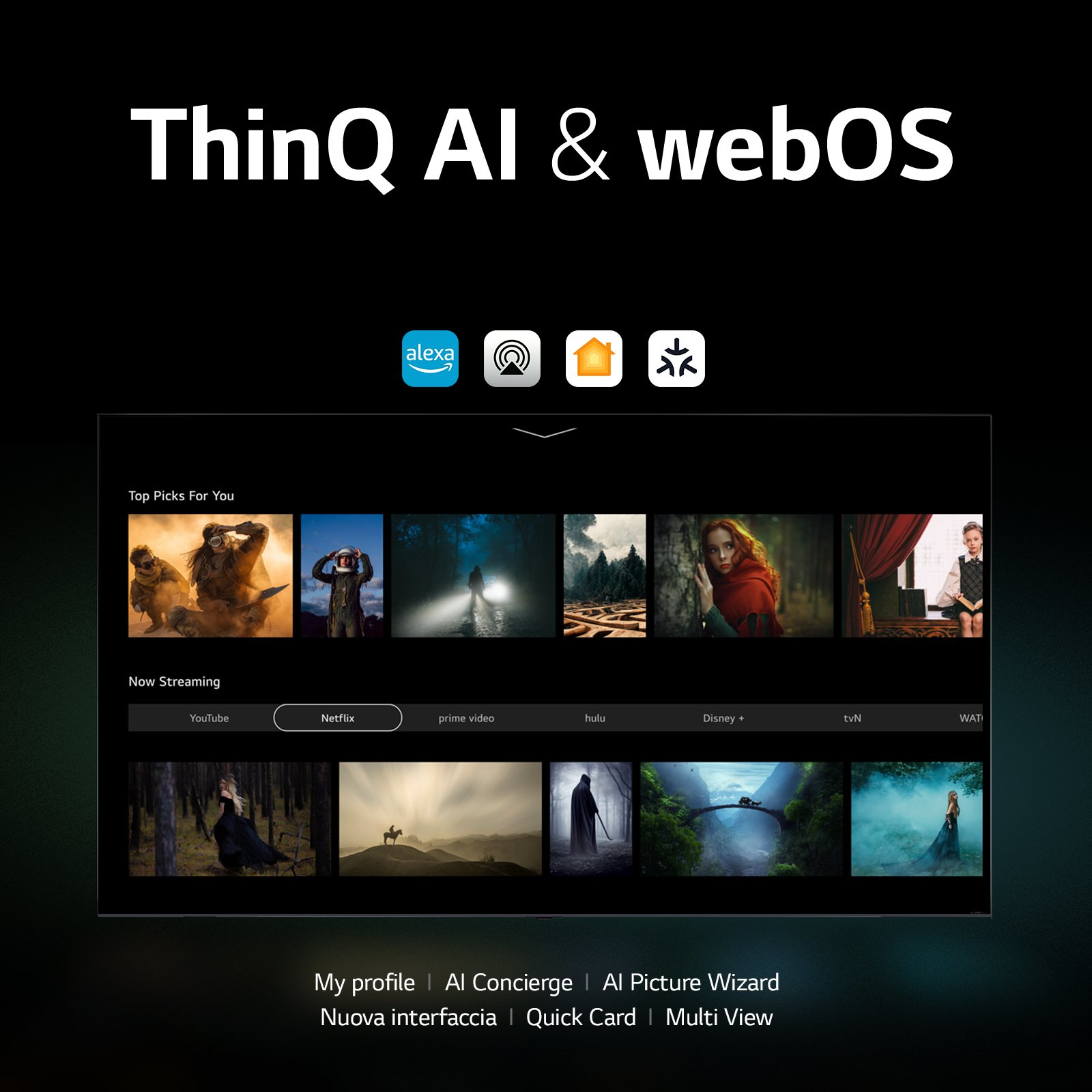 Ekran telewizora z interfejsem webOS, ikonami i najlepszymi wyborami. Czarne tło.