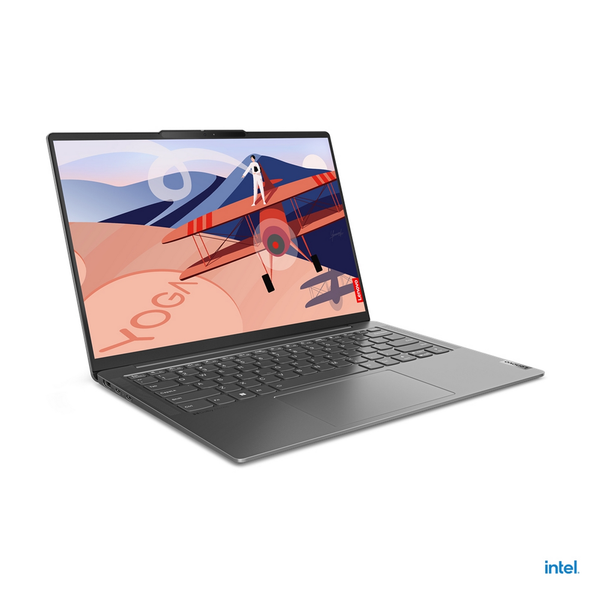 Laptop con schermo che mostra grafica aereo. Tastiera visibile. Logo Intel in basso a destra.