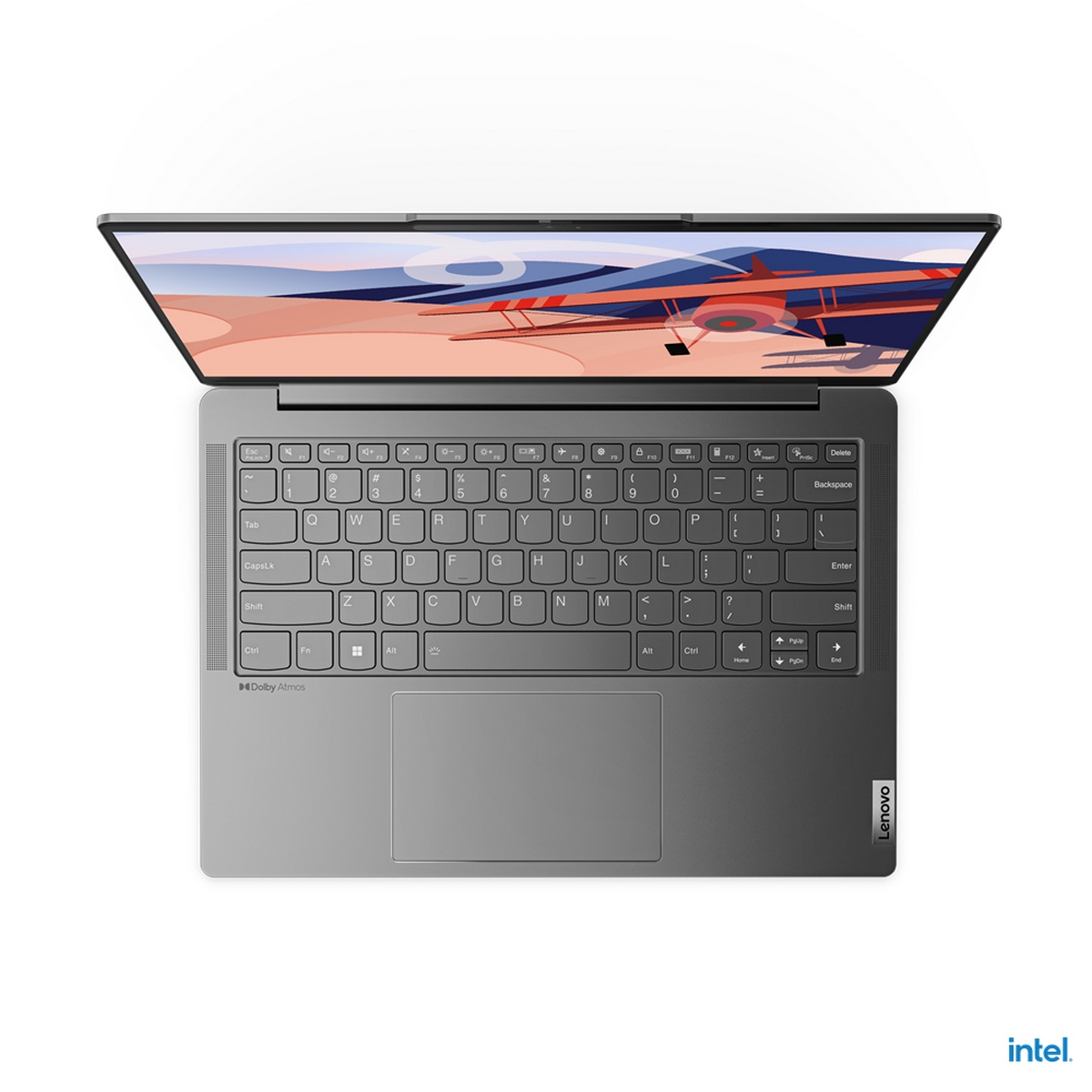 Un laptop grigio con schermo aperto, che mostra un'illustrazione di un aereo.