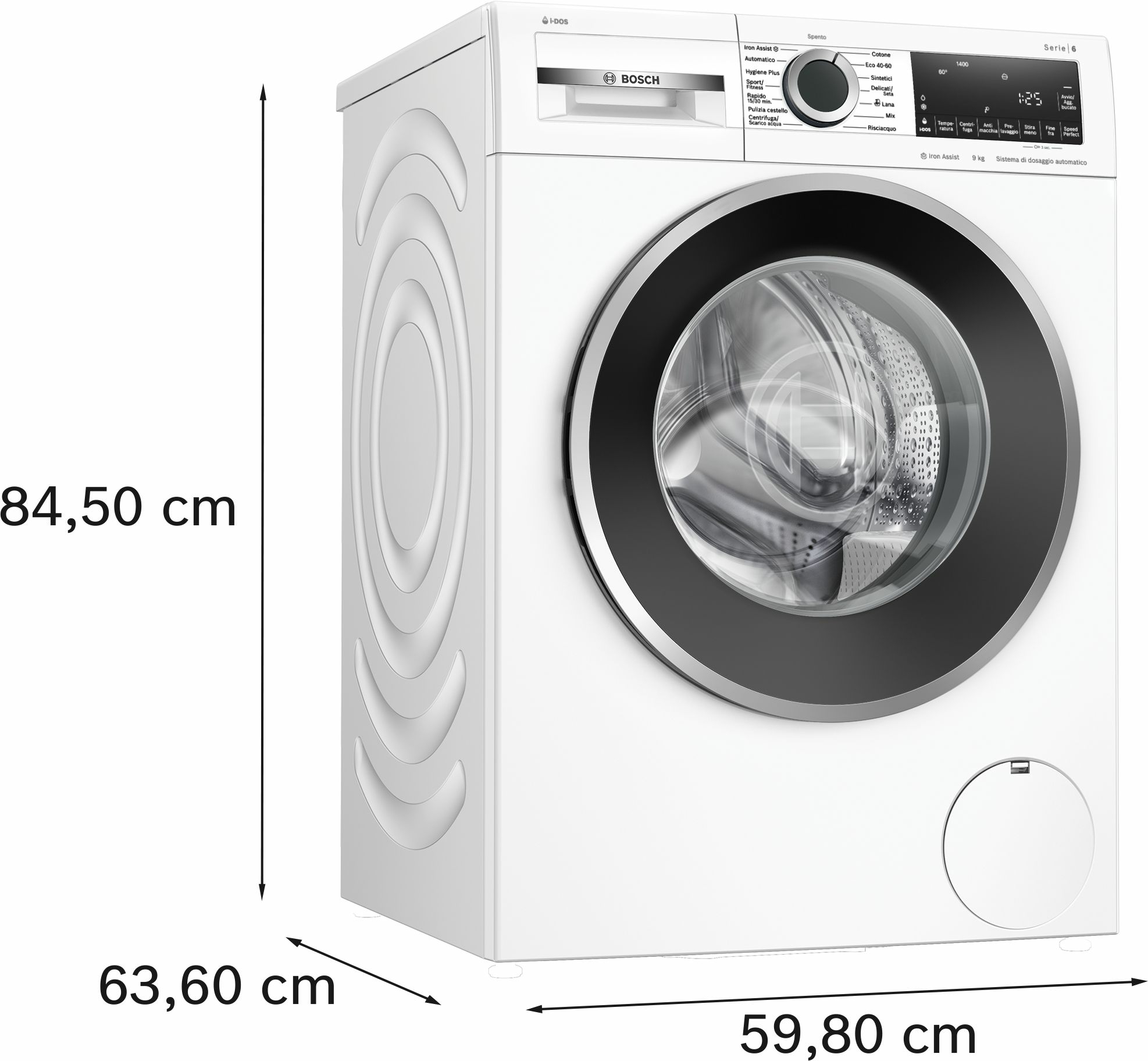 Lavatrice bianca vista laterale con misure 84,50 cm, 63,60 cm e 59,80 cm.