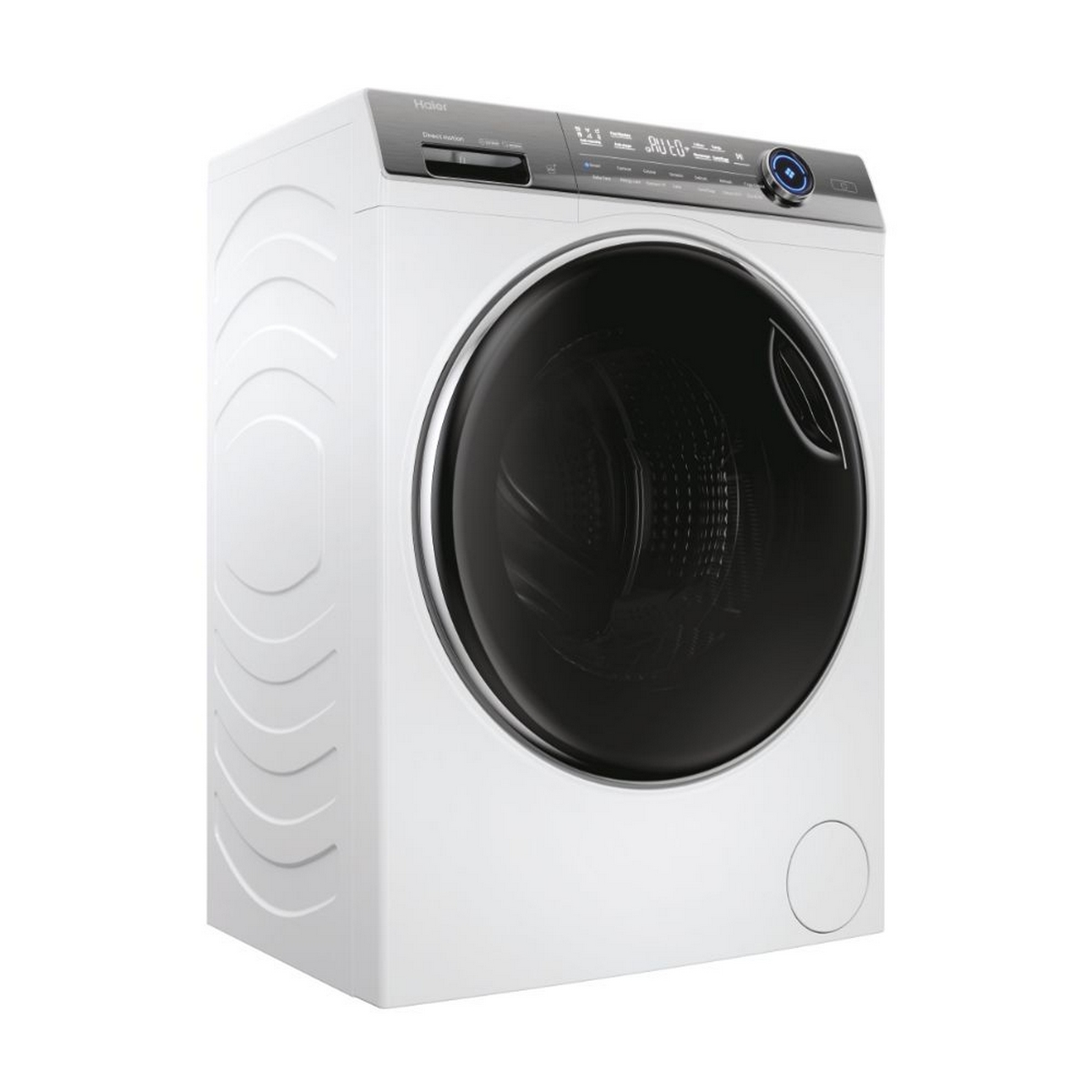 Una lavatrice Haier bianca con una grande porta nera, su sfondo bianco.