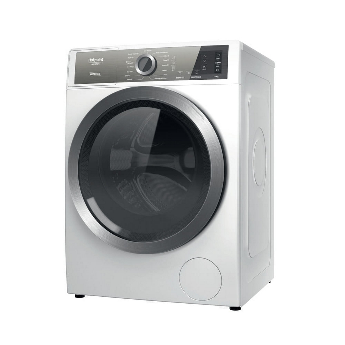 Lavatrice Hotpoint bianca. La macchina è angolata verso destra.