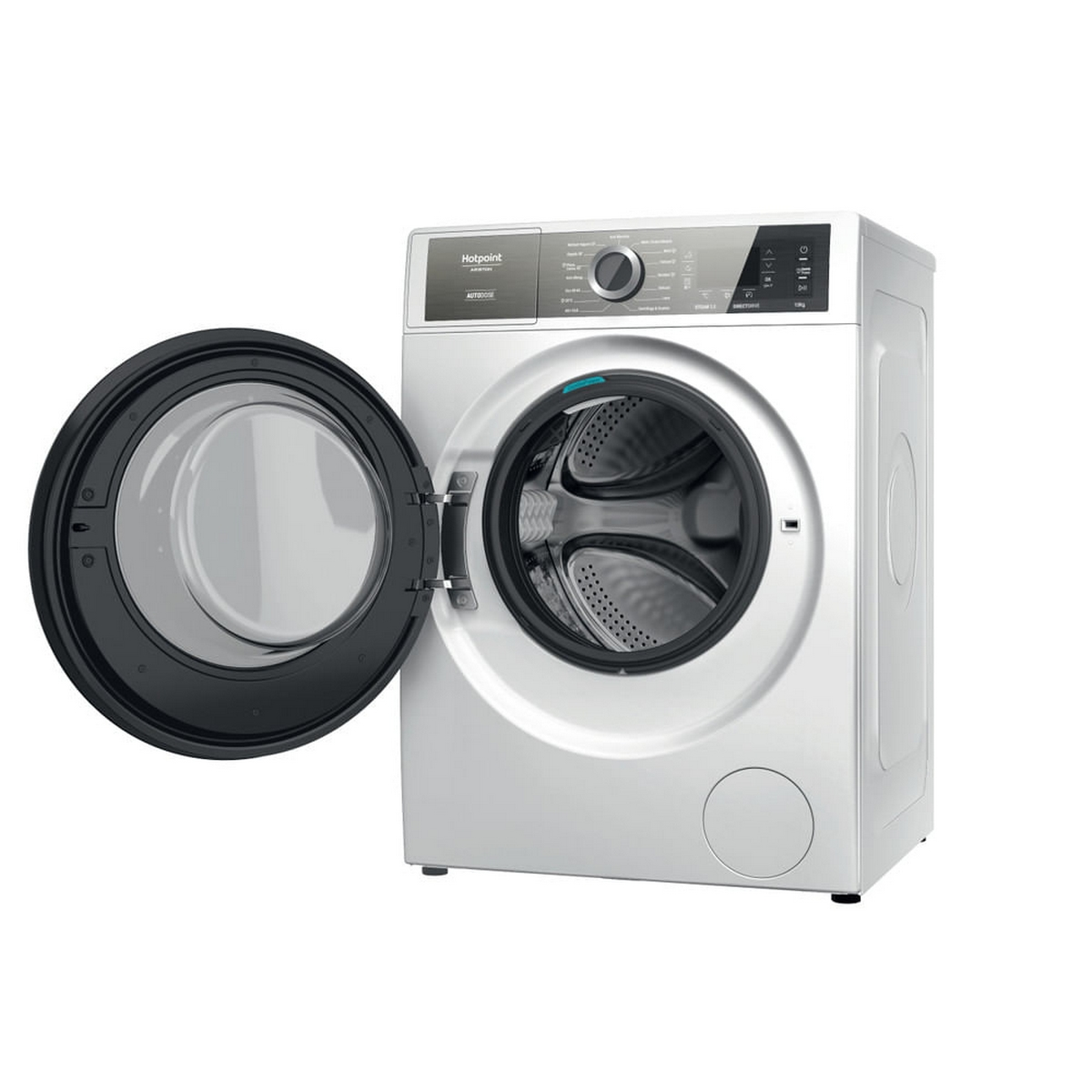 Una lavatrice Hotpoint bianca con la porta aperta, che mostra il tamburo interno.