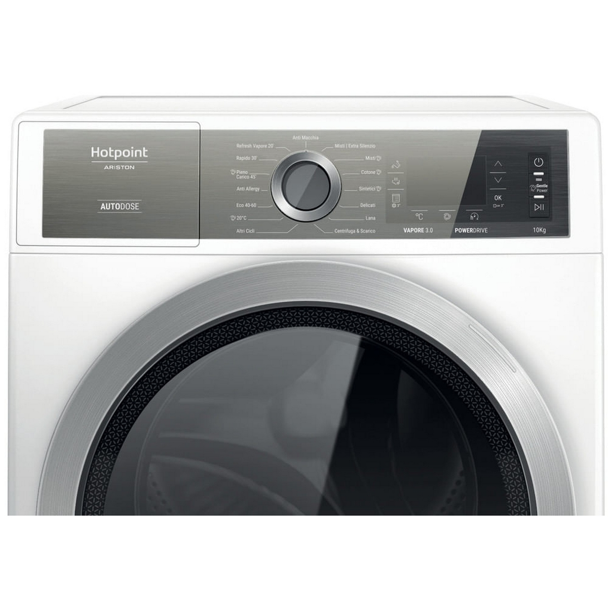 Lavatrice Hotpoint Ariston bianca. Comandi e una grande porta sono visibili sul pannello frontale.