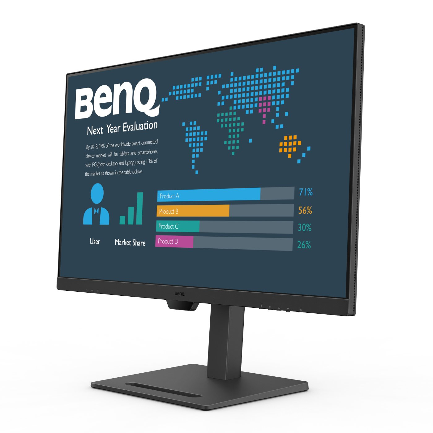 Moniteur BenQ avec graphique de parts de marché. Carte du monde bleue et visualisation des données.