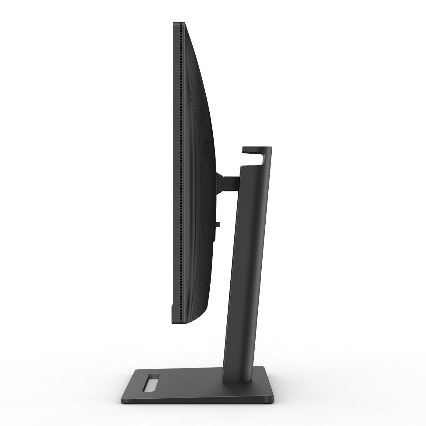 Écran d'ordinateur noir. Il a un support noir et est sur un fond blanc.