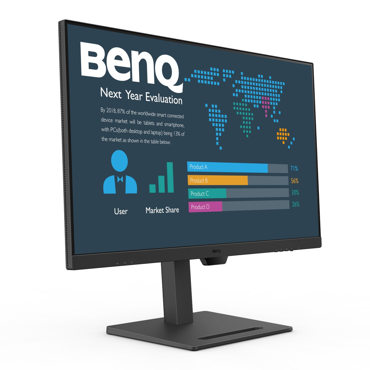 Moniteur BenQ affichant un graphique de part de marché. Pourcentages et étiquettes de produits.