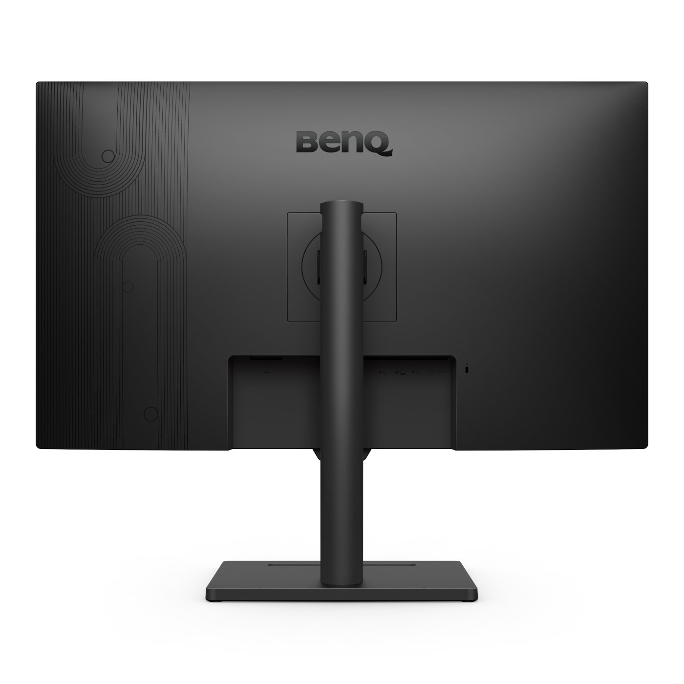 Moniteur BenQ noir, vue arrière. Un support maintient l'écran. Logo BenQ en haut.