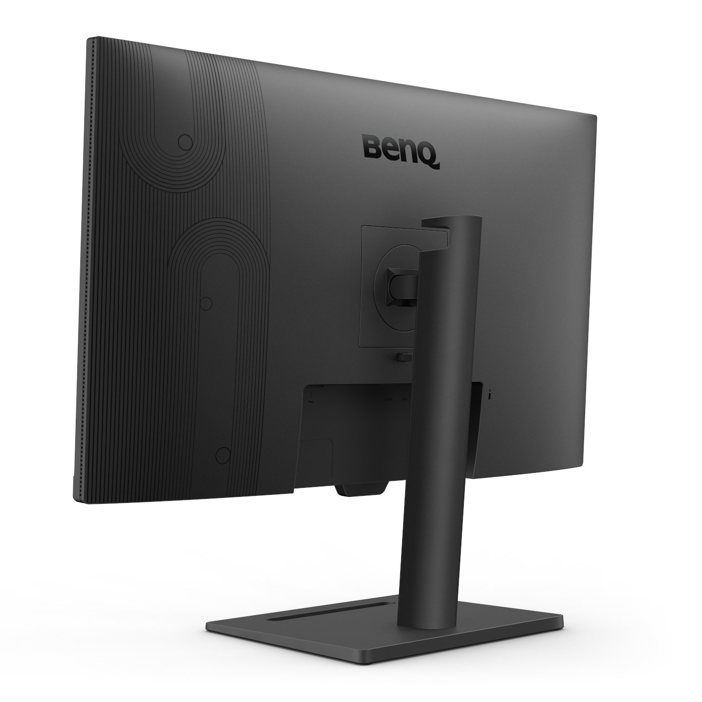 Moniteur BenQ noir incliné, montrant le panneau arrière avec ports, pied et le logo BenQ.