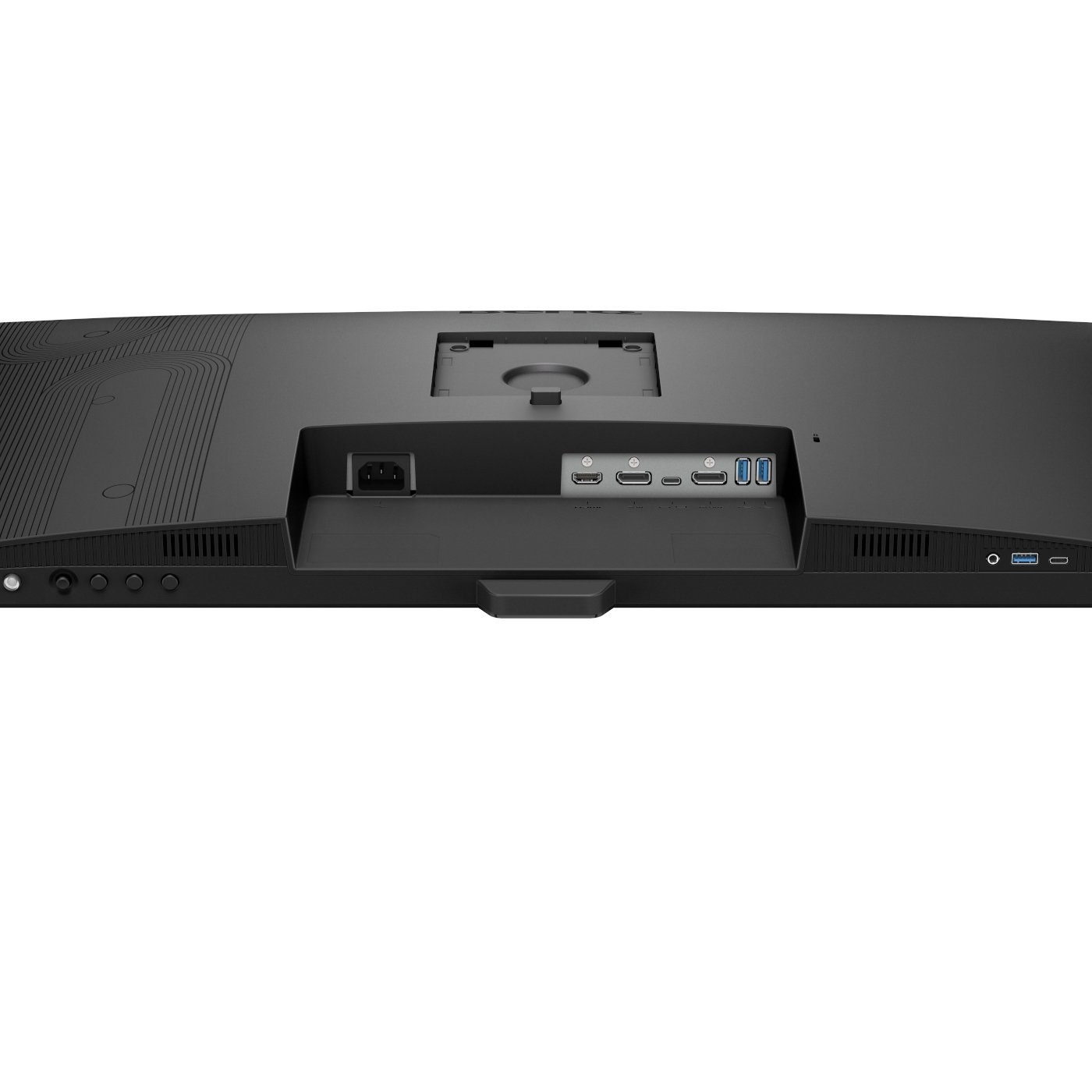 Arrière d'un moniteur d'ordinateur noir avec divers ports et connecteur d'alimentation sur fond blanc.