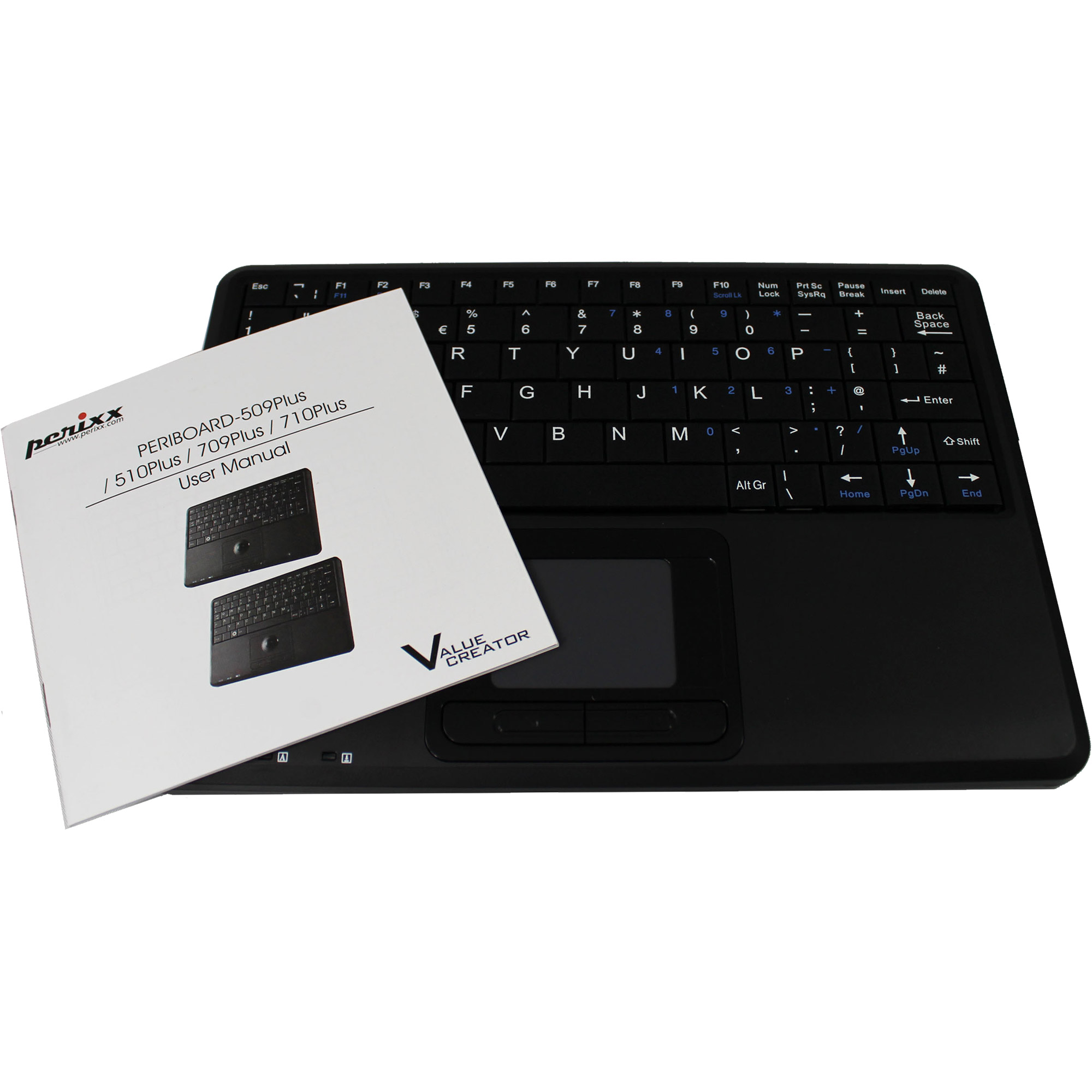 Schwarze Tastatur mit Touchpad und einer Bedienungsanleitung auf der linken Seite.