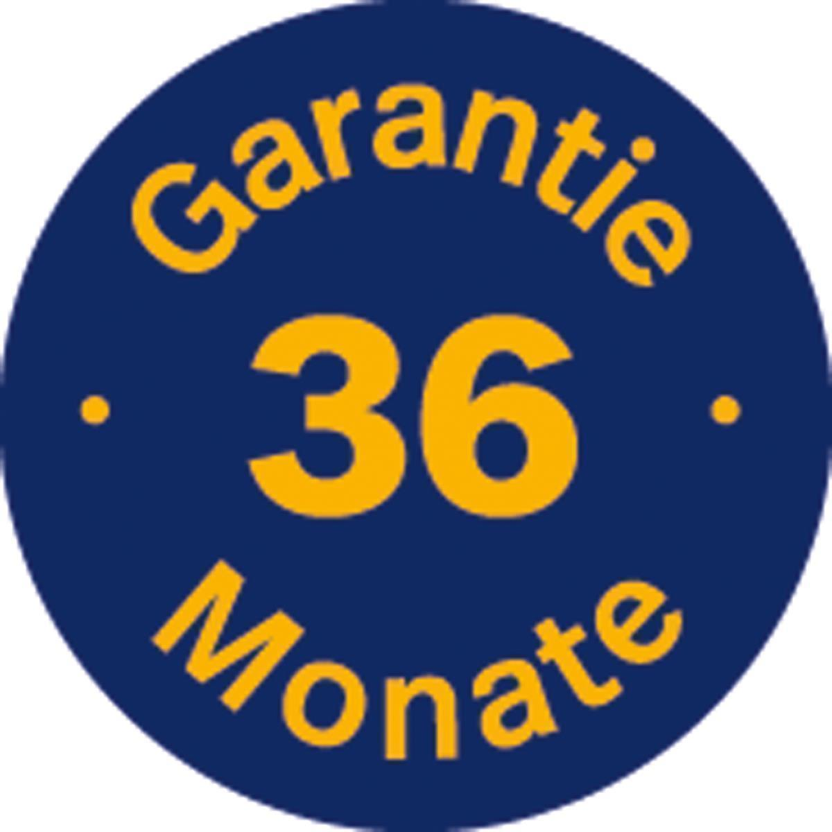 Ein blauer Kreis mit Text: Garantie 36 Monate (Garantie 36 Monate).