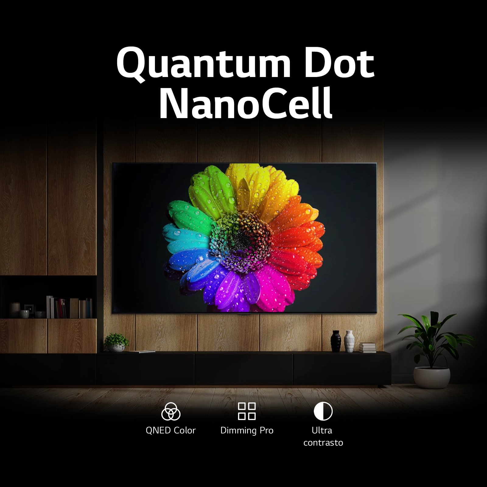 Ekran telewizora wyświetla kolorowy kwiat. Tekst u góry: 'Quantum Dot NanoCell'.
