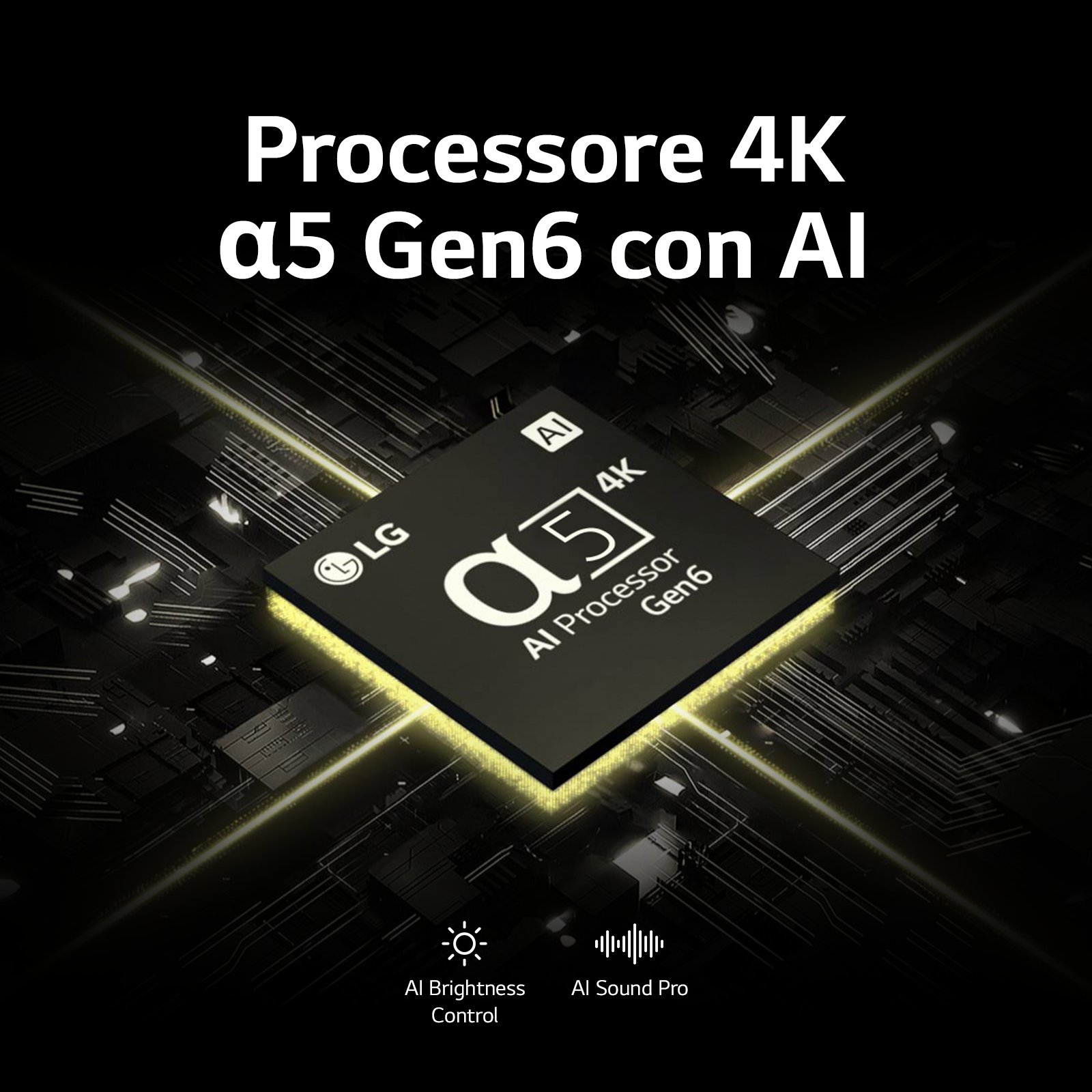 Zbliżenie procesora 4K z logo LG, z ikonami jasności i dźwięku AI.