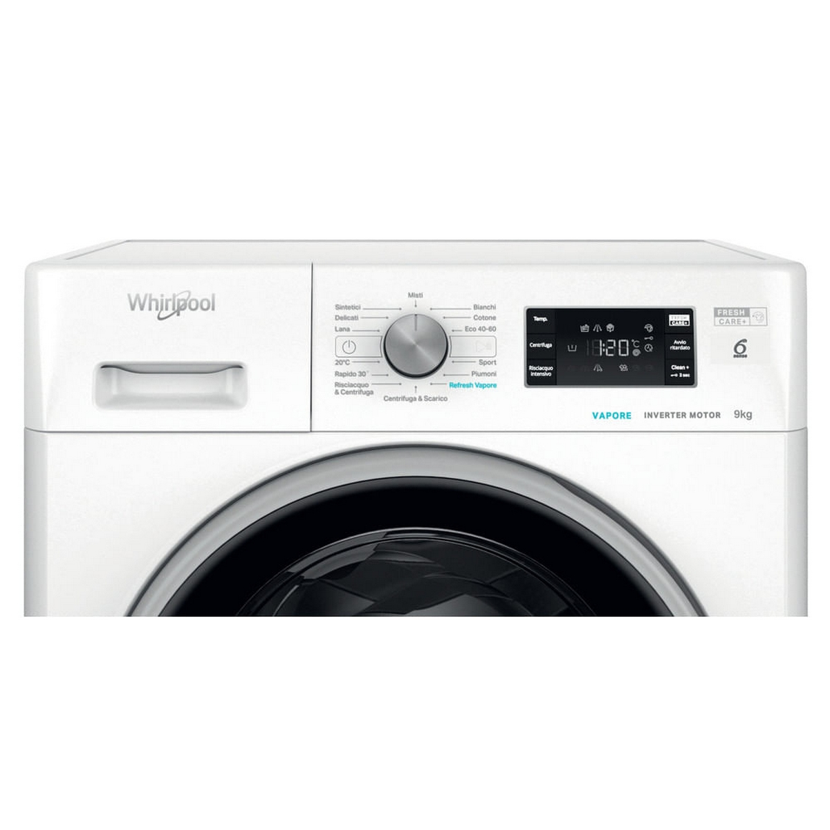 Una lavatrice Whirlpool bianca con pannello di controllo e porta chiusa.