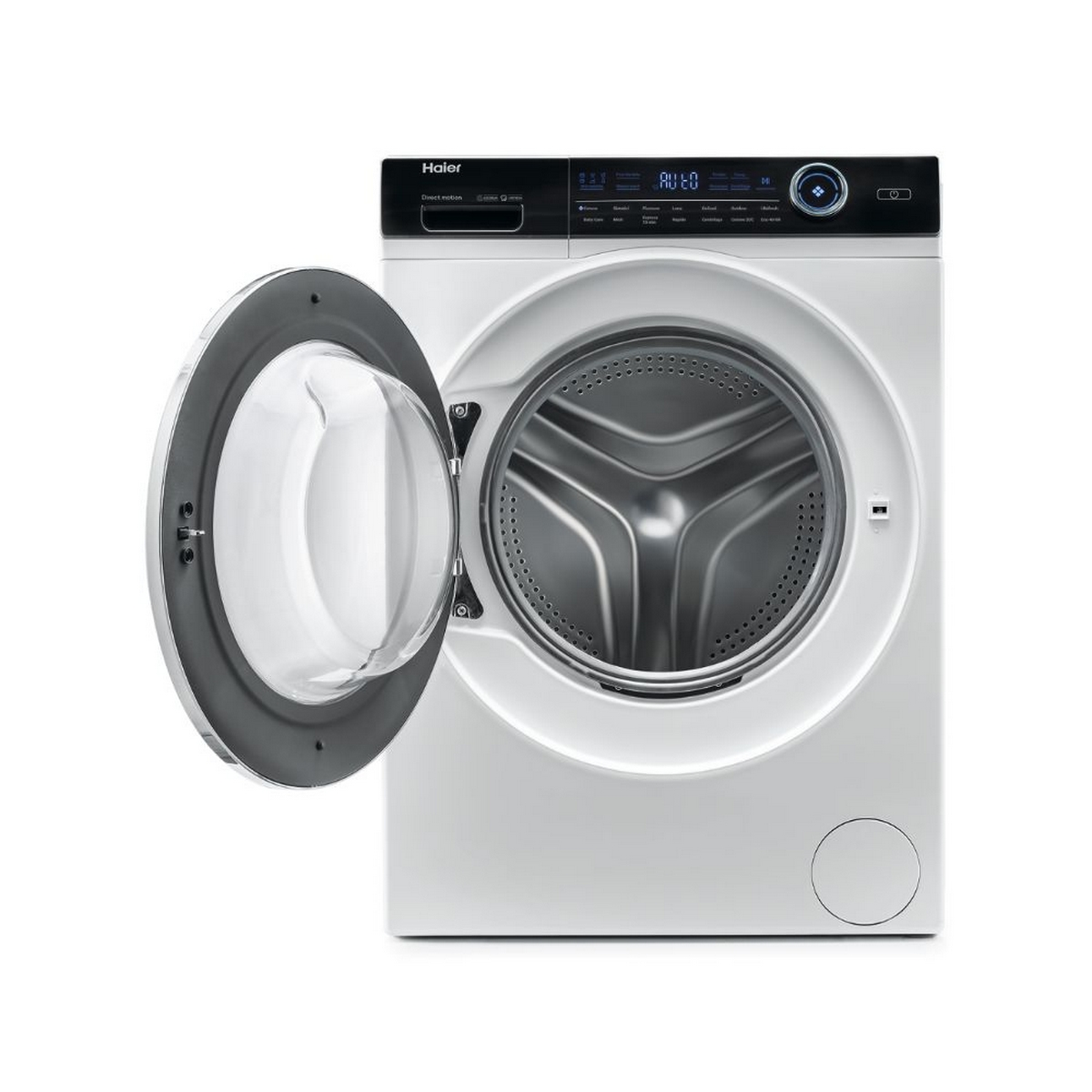 Lavatrice Haier bianca con la porta aperta, che mostra il cestello. Pannello di controllo nero in alto.