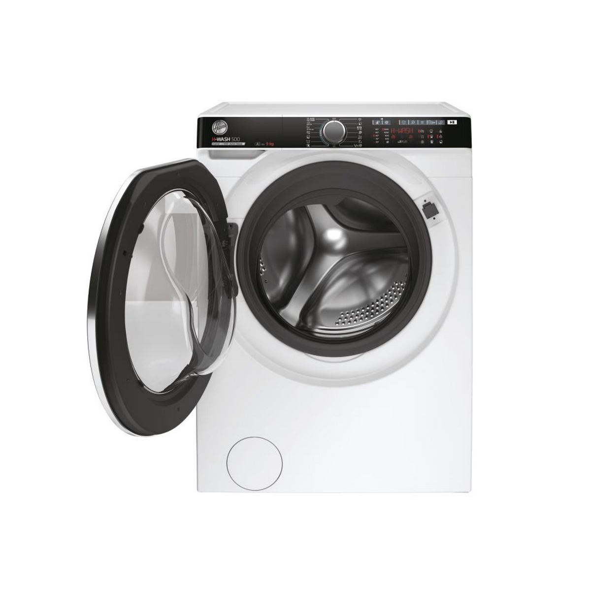 White washing machine with the door open.  Black rim and door.