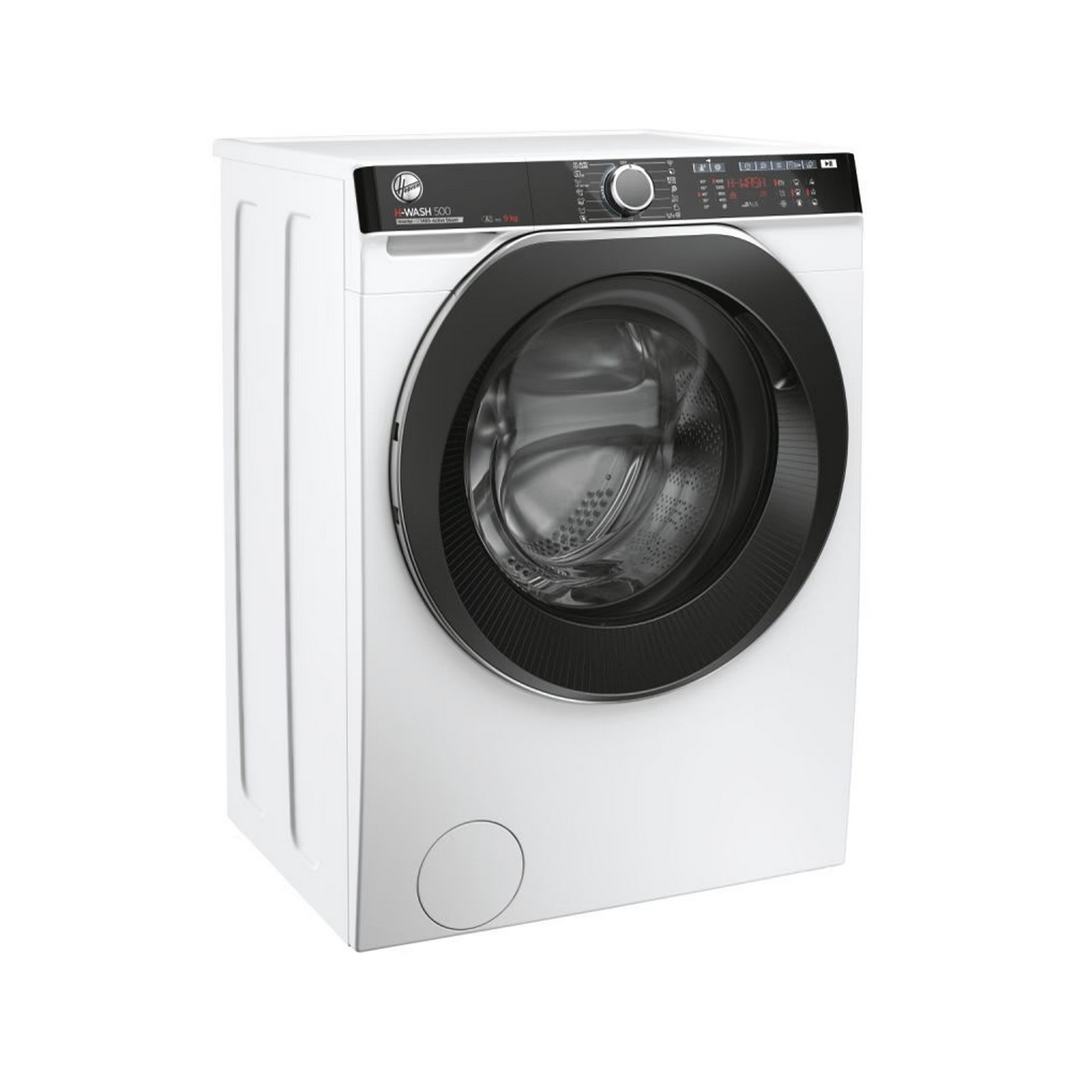 White Hoover washing machine, angled view. Black door and control panel. The machine is on a white surface.