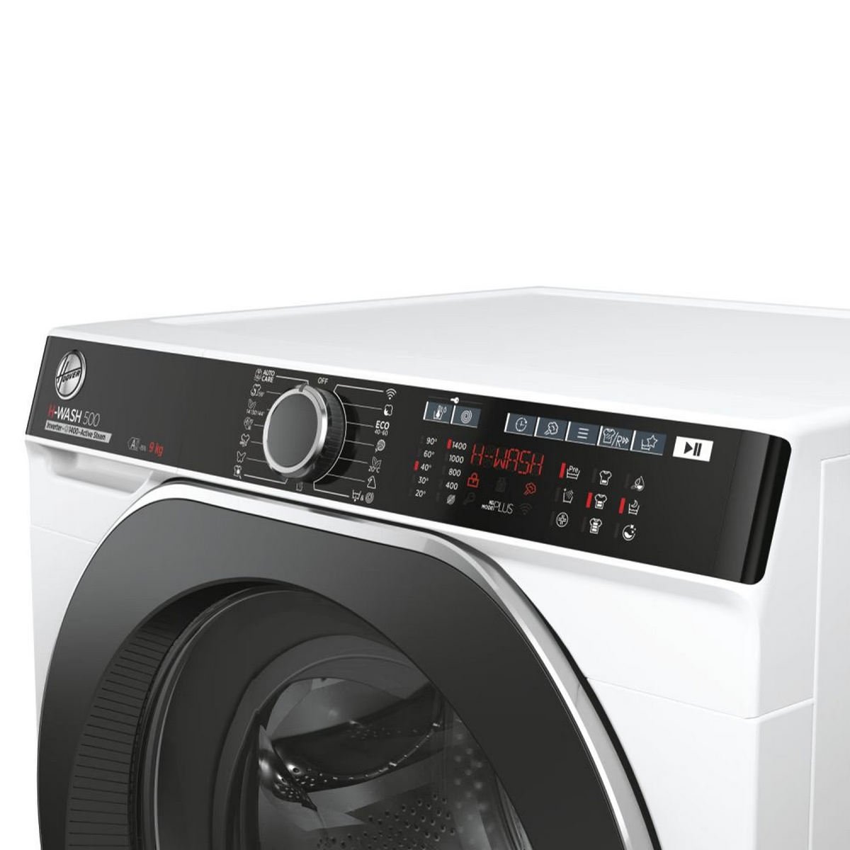 Close-up of a white washing machine control panel with black accents, showing settings and display.
