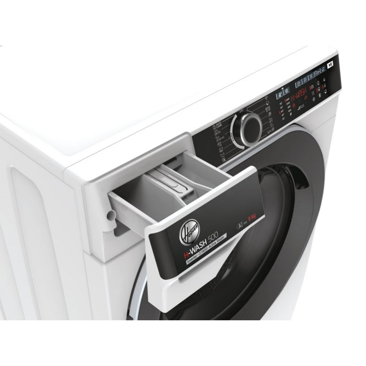 A white washing machine with a drawer extended showing detergent compartments.
