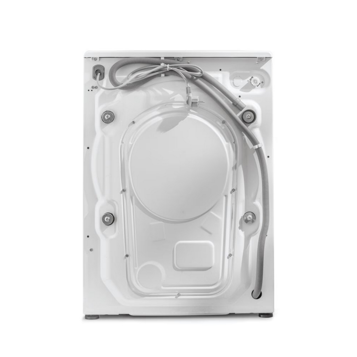 Back view of a white washing machine. Hoses and mechanical components are visible.