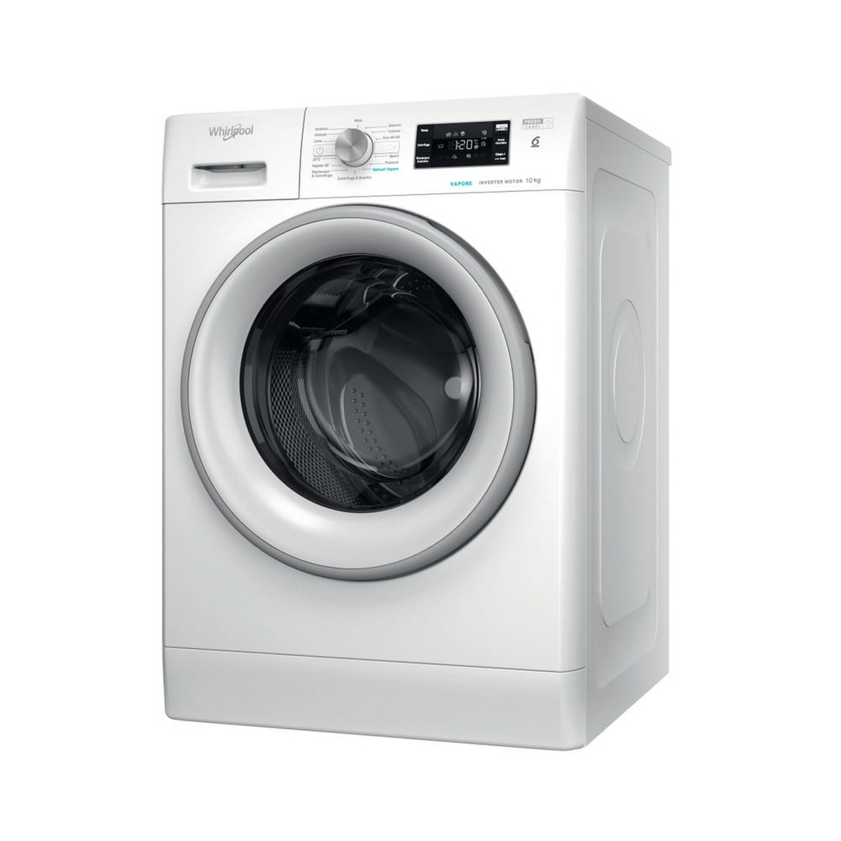 Lavatrice Whirlpool bianca. Vista frontale con porta chiusa. La macchina è su una superficie bianca.