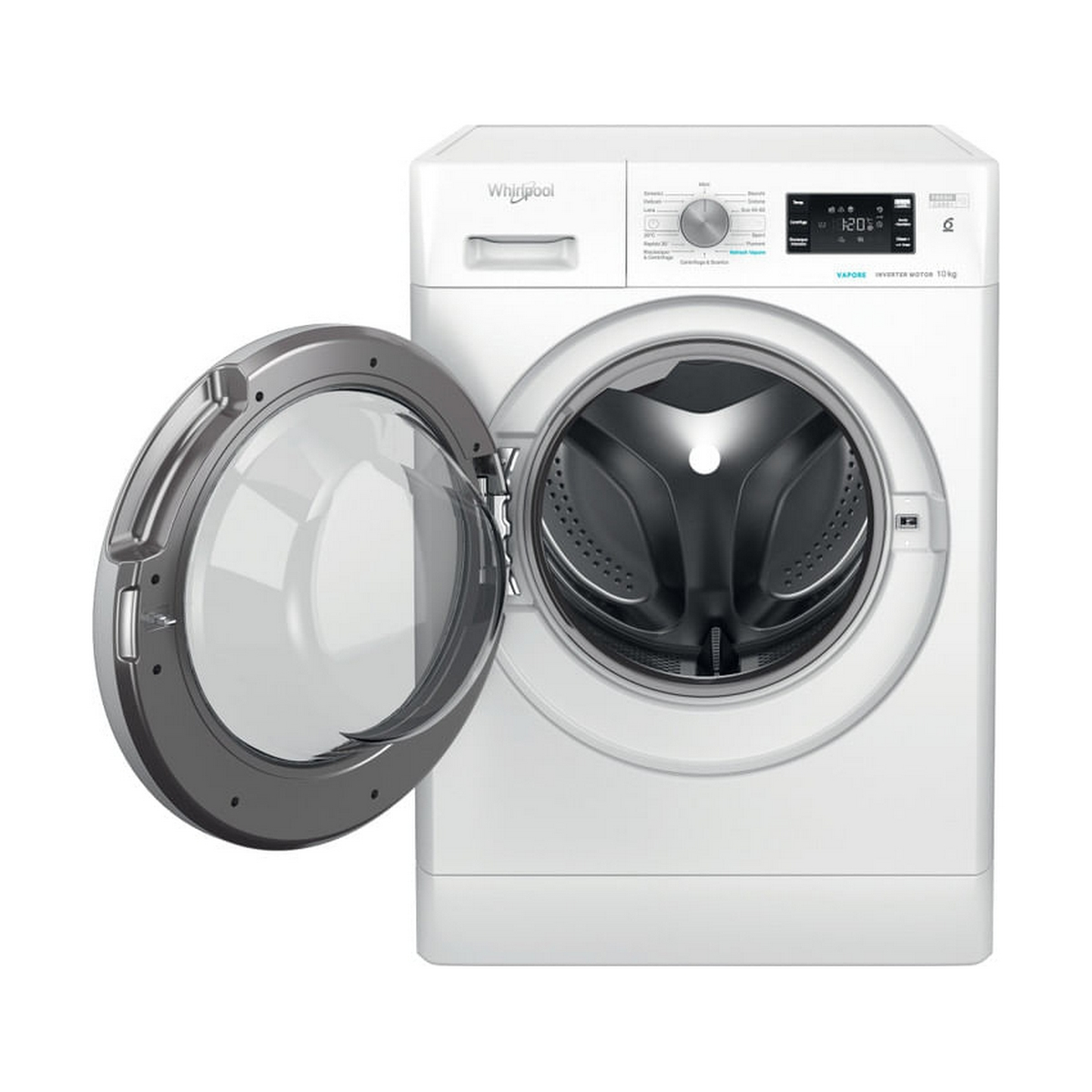 Lavatrice Whirlpool bianca con la porta aperta, che mostra il cestello interno su bianco.