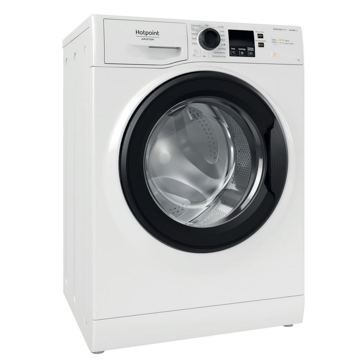 Lavatrice Hotpoint Ariston bianca, telaio porta nero, comandi visibili.