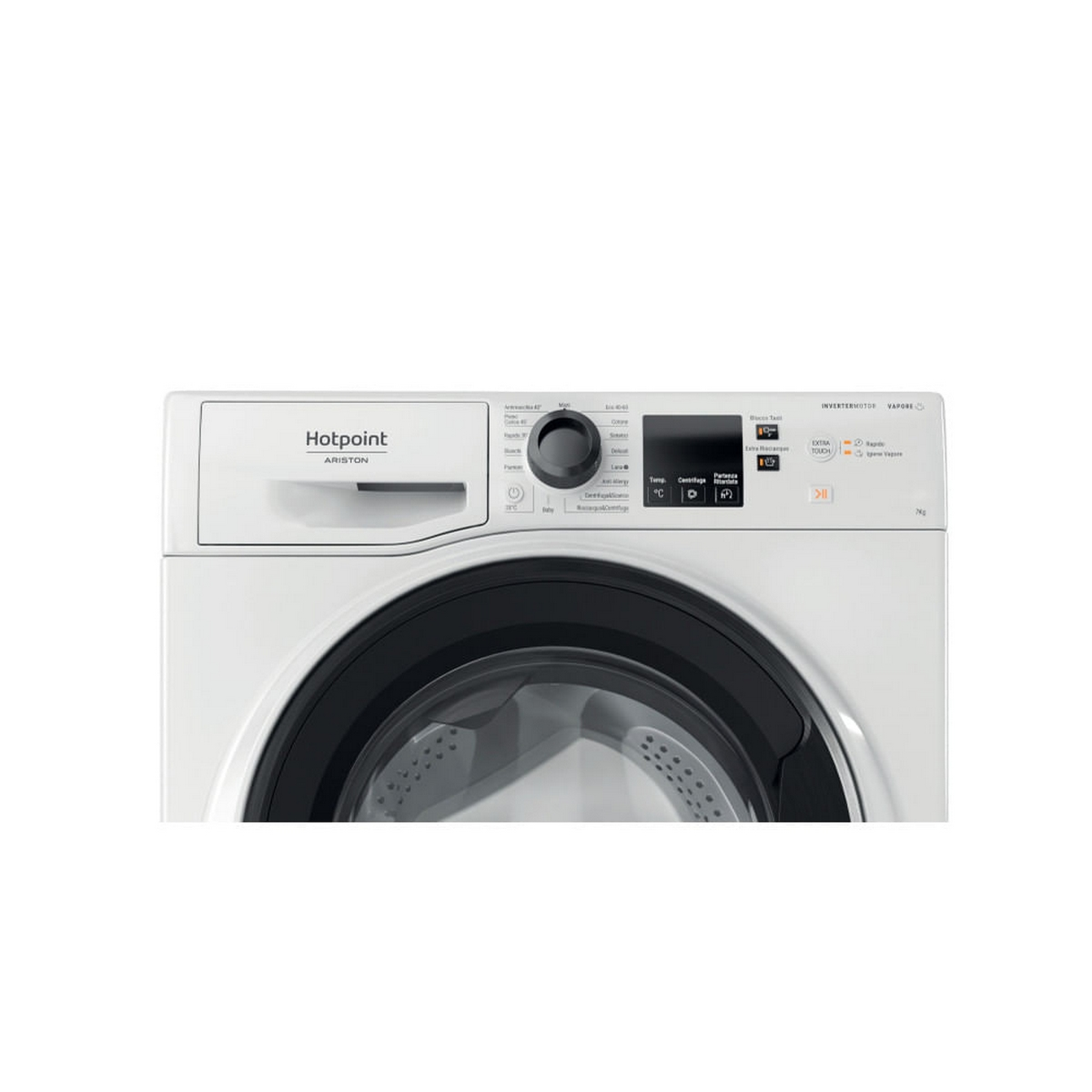 Lavatrice bianca Hotpoint Ariston. Parte superiore con pannello comandi, porta nera in basso.