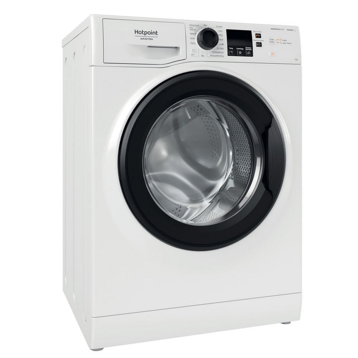 Lavatrice Hotpoint Ariston bianca. Vista frontale, porta nera, pannello comandi visibile.