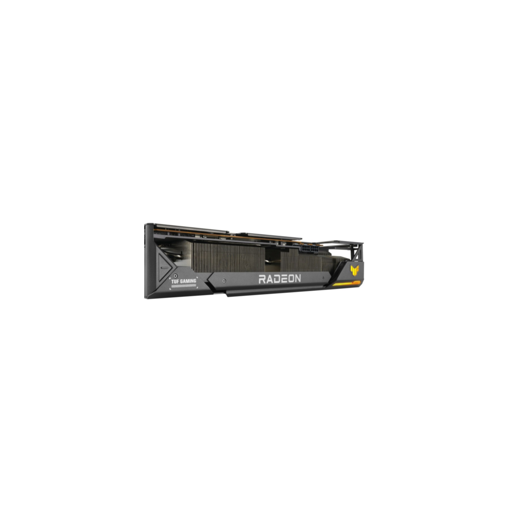 Scheda grafica Radeon, nera e gialla, con i loghi Radeon e TUF Gaming. Sfondo bianco.