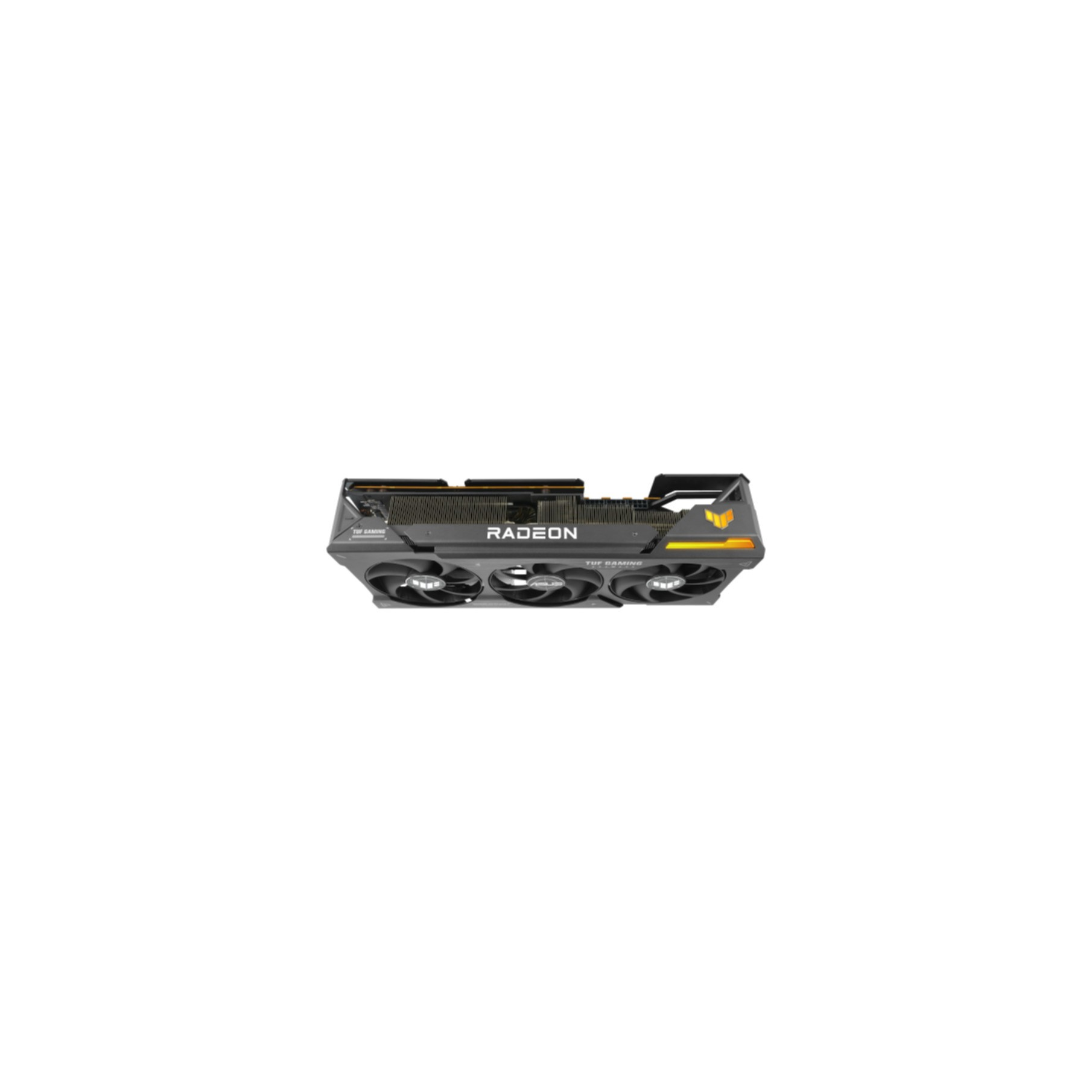 Scheda grafica con tre ventole. Logo Radeon. Colori nero, oro e grigio.