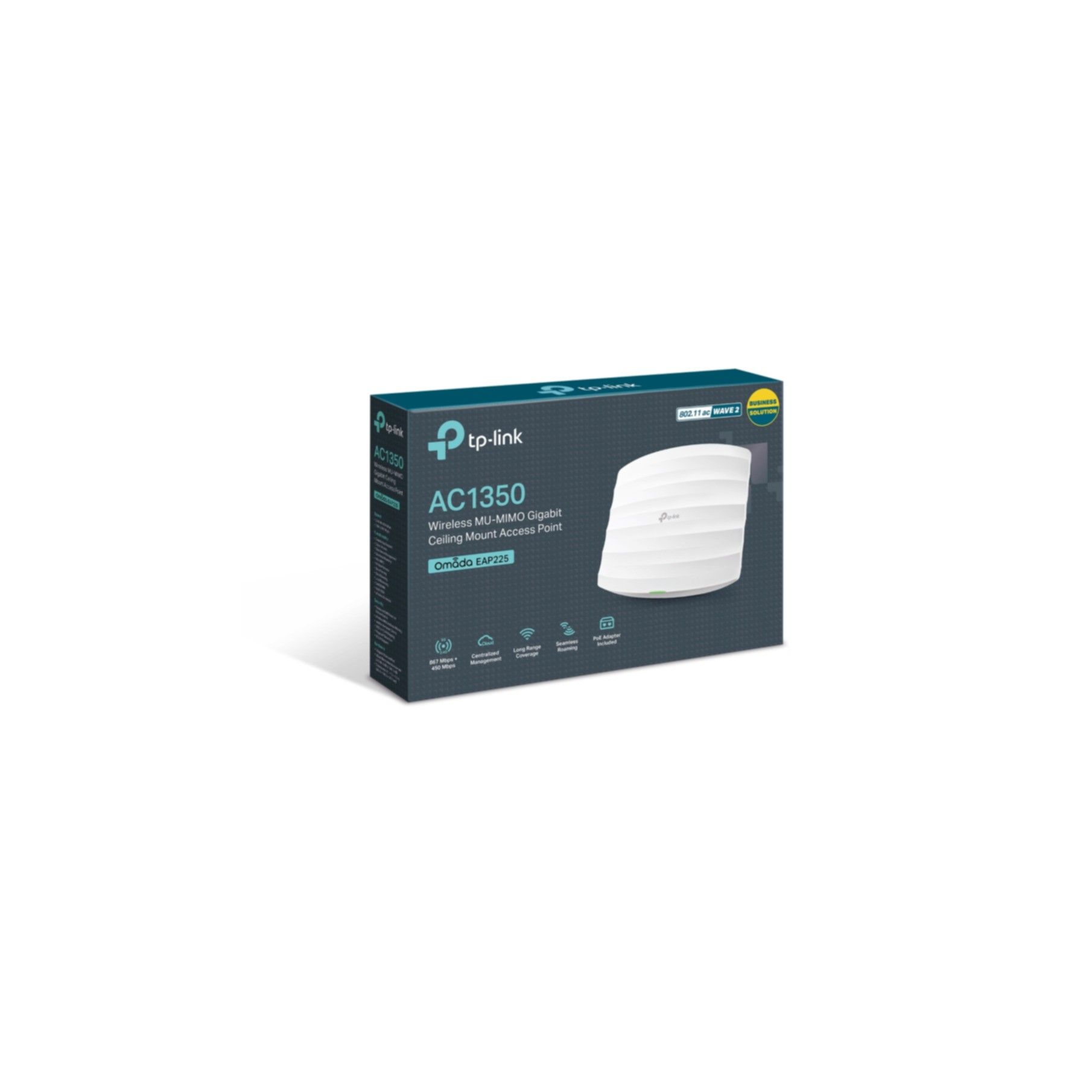 Biały punkt dostępowy TP-Link AC1350 w pudełku. Pudełko zawiera informacje o produkcie.