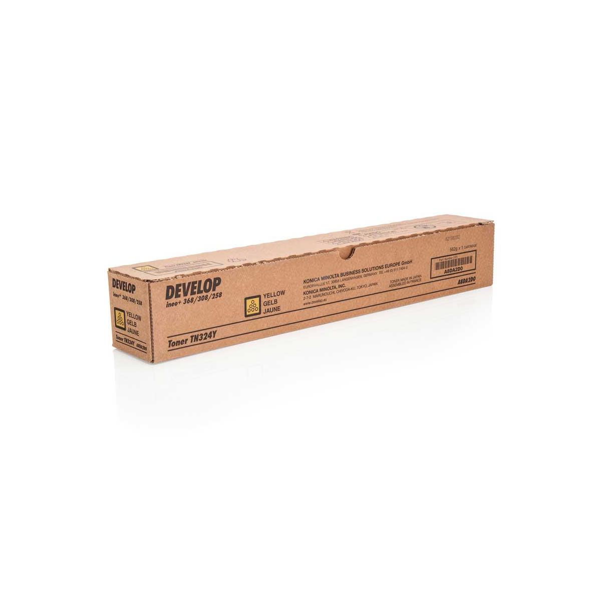 Una scatola marrone per cartucce toner con testo 'DEVELOP' e 'YELLOW'.