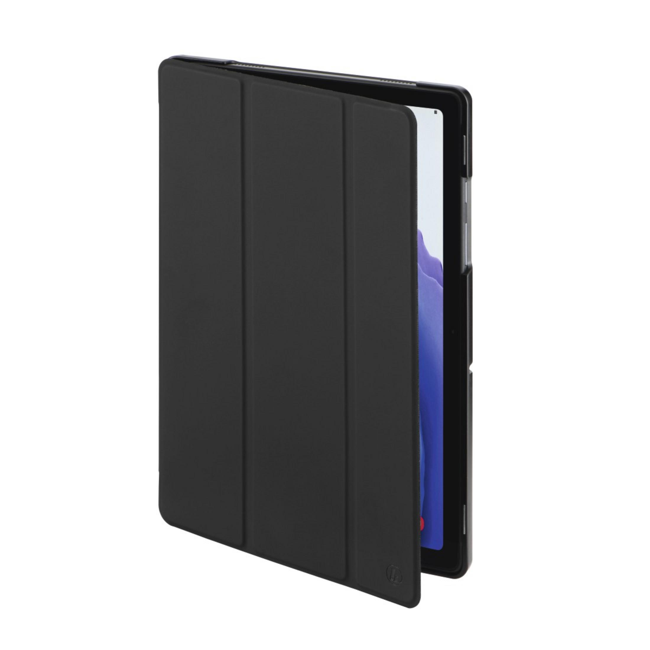 Schwarze Tablethülle teilweise geöffnet, Tablet-Bildschirm sichtbar.