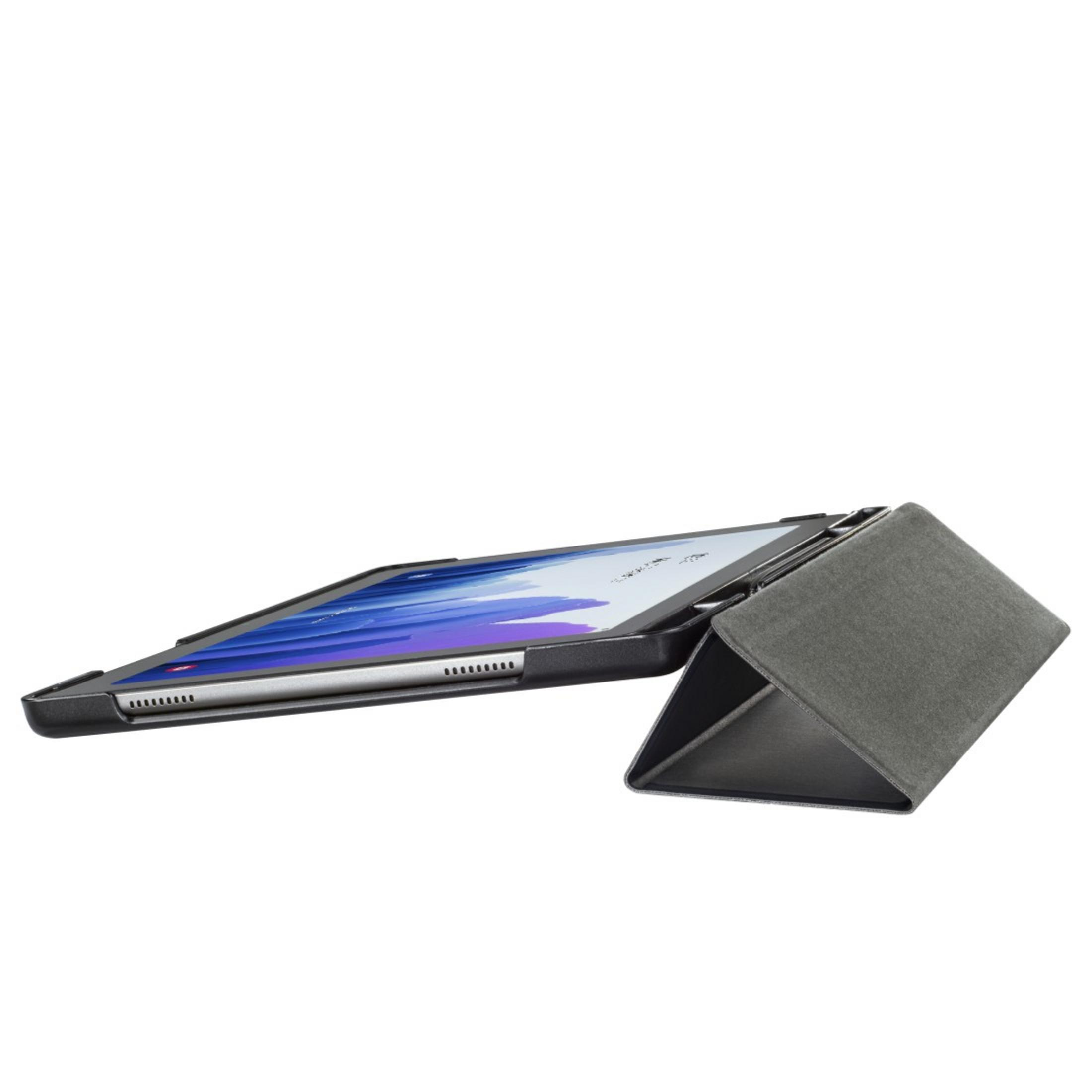 Tablet in einer grauen Klapphülle, abgewinkelt, um den Bildschirm zu zeigen.