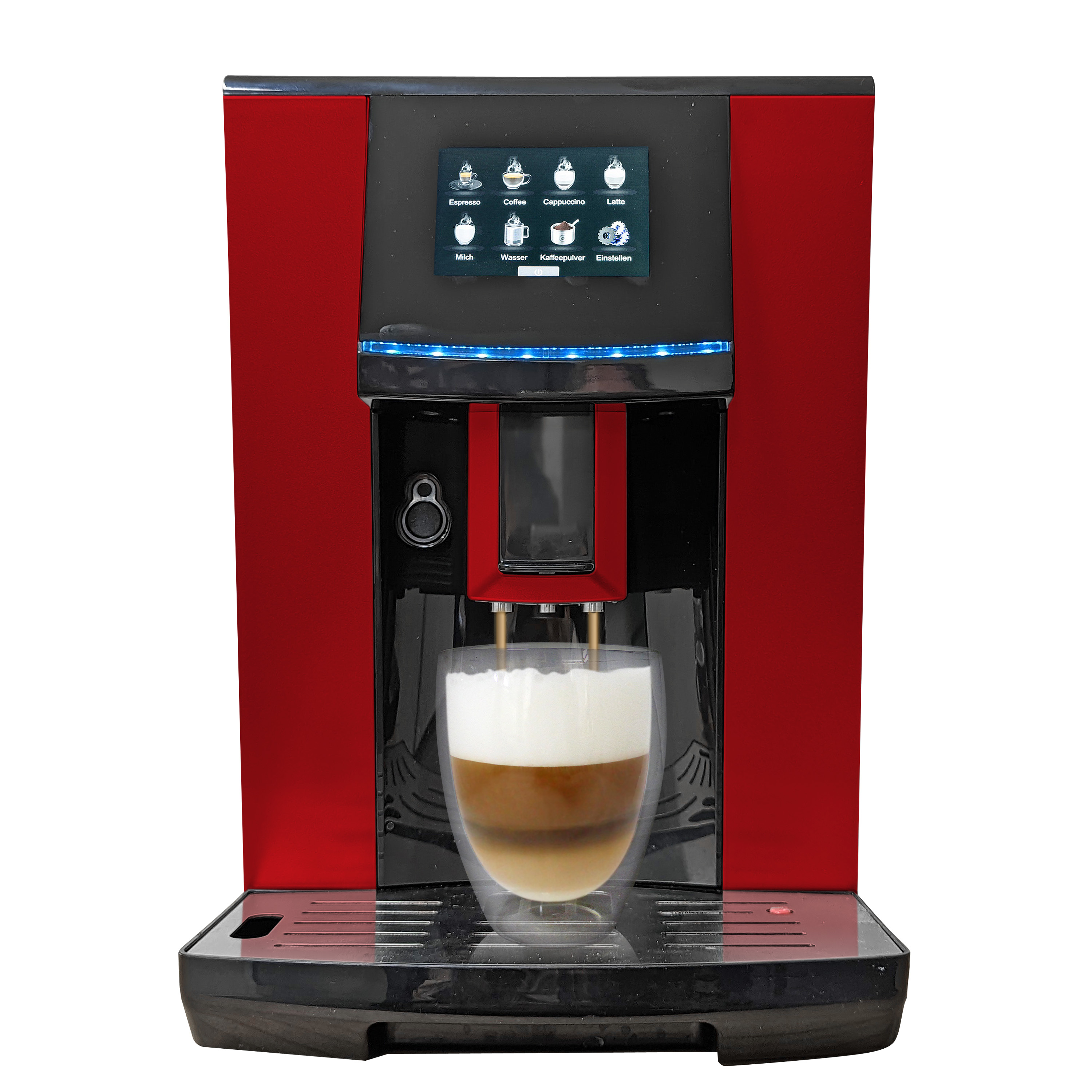Rote und schwarze Kaffeemaschine, die Kaffee in ein Glas brüht. Touchscreen-Display sichtbar.