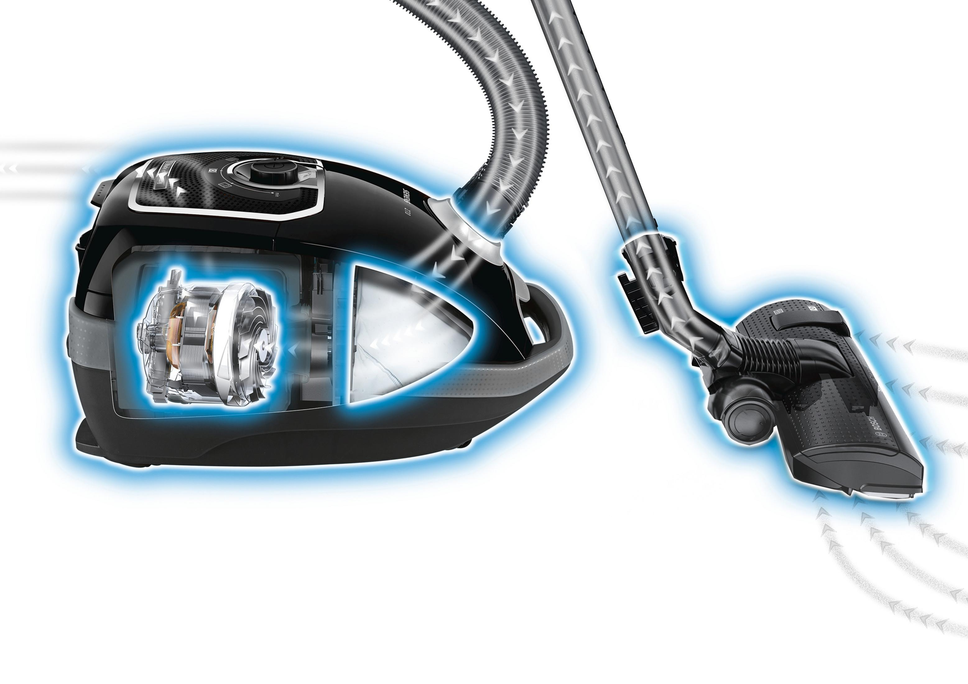 Przekrój czarnego odkurzacza pokazujący wewnętrzne elementy z niebieskim podświetleniem.