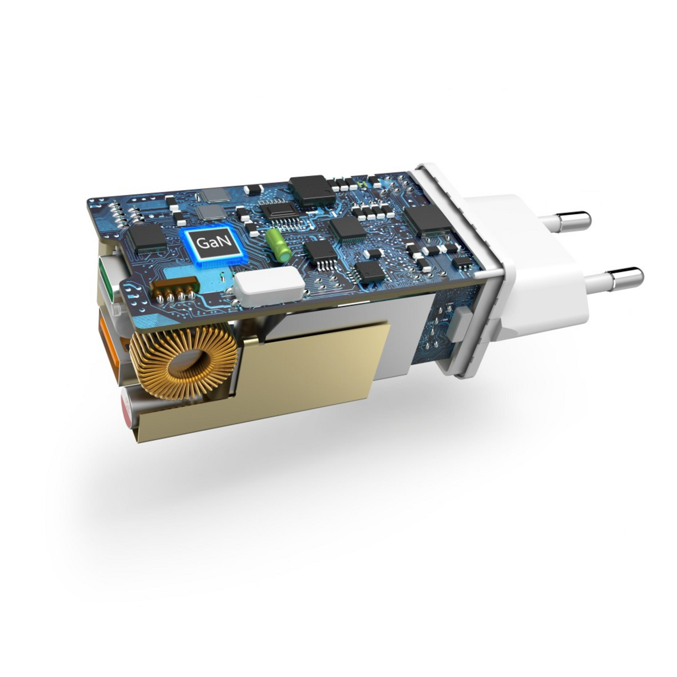 Nahaufnahme eines offenen, aufgeschnittenen Ladeadapters mit elektronischen Innenkomponenten und GaN-Chip.