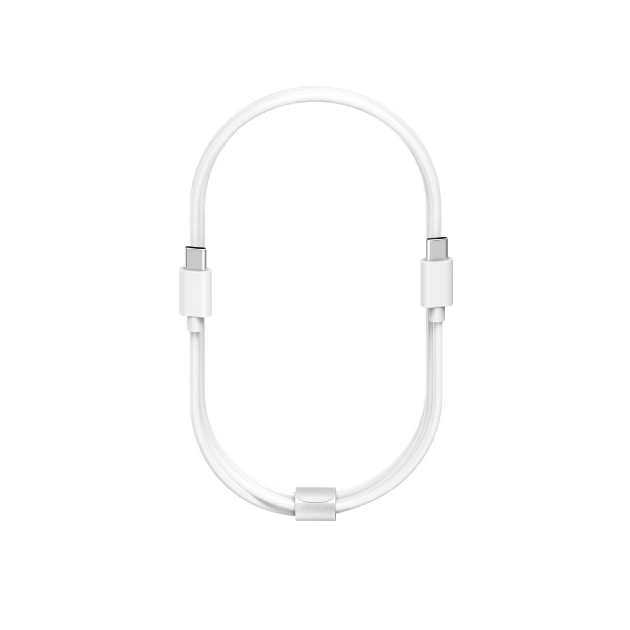 Ein weißes USB-C-Kabel mit zwei Anschlüssen und einem Kabelclip, vor weißem Hintergrund.