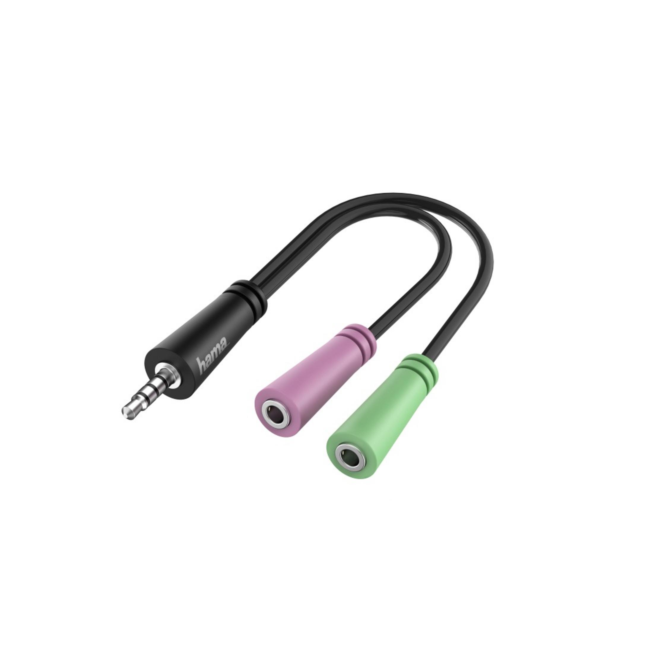 Cavo splitter audio nero. Un connettore maschio e due femmine. Rosa e verde.