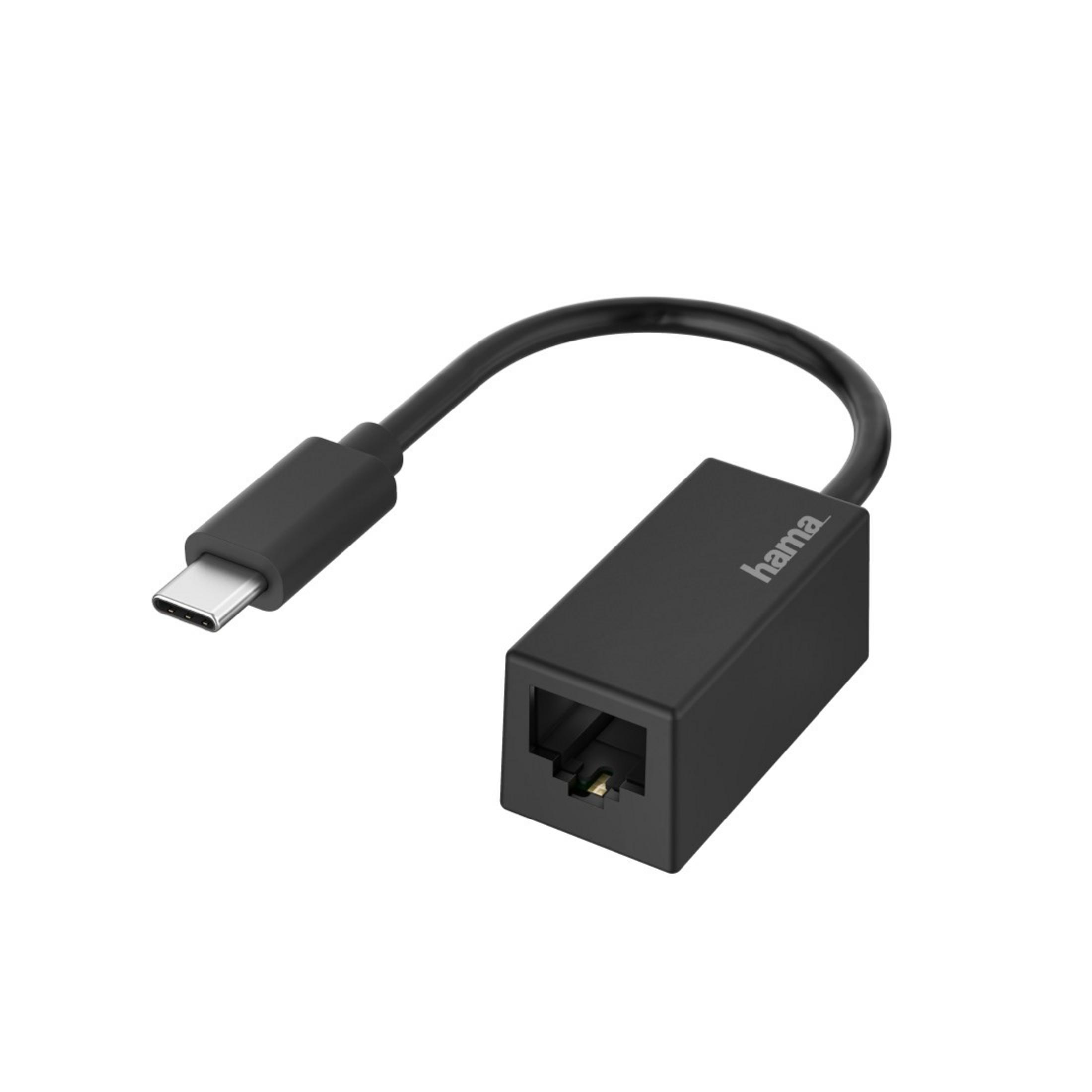 Adattatore Ethernet Hama da USB-C a RJ45 nero. Connettore USB-C da un lato, RJ45 dall'altro. Sfondo bianco.