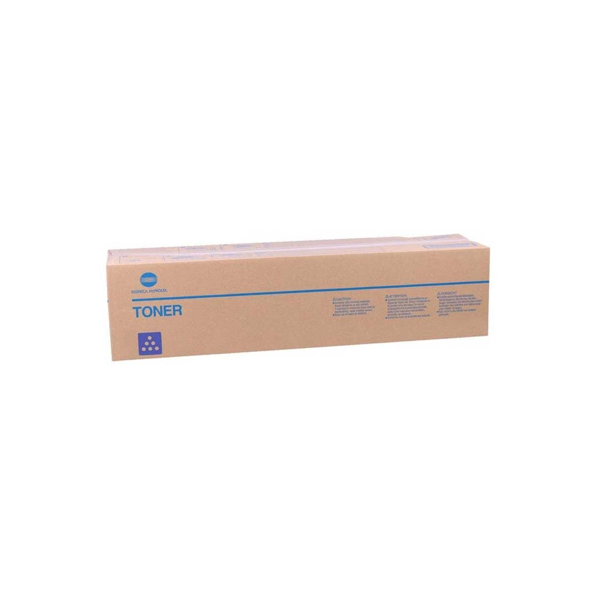 Braune Konica Minolta Tonerkartuschenbox. Einfaches Design mit blauen Akzenten. Isoliert auf weißem Hintergrund.
