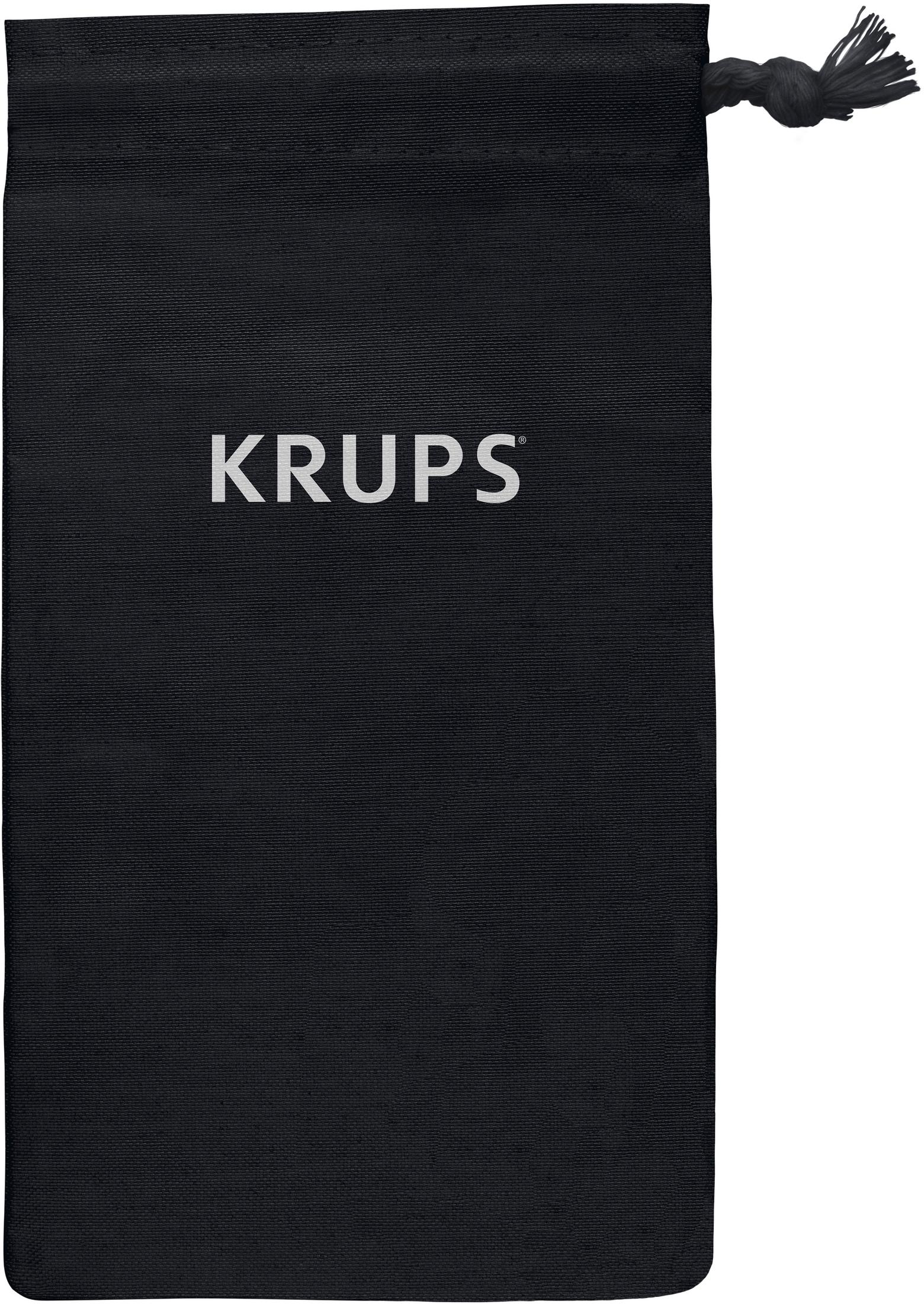 Czarny worek Krups z nazwą marki w kolorze białym, zawiązywany sznurkiem.
