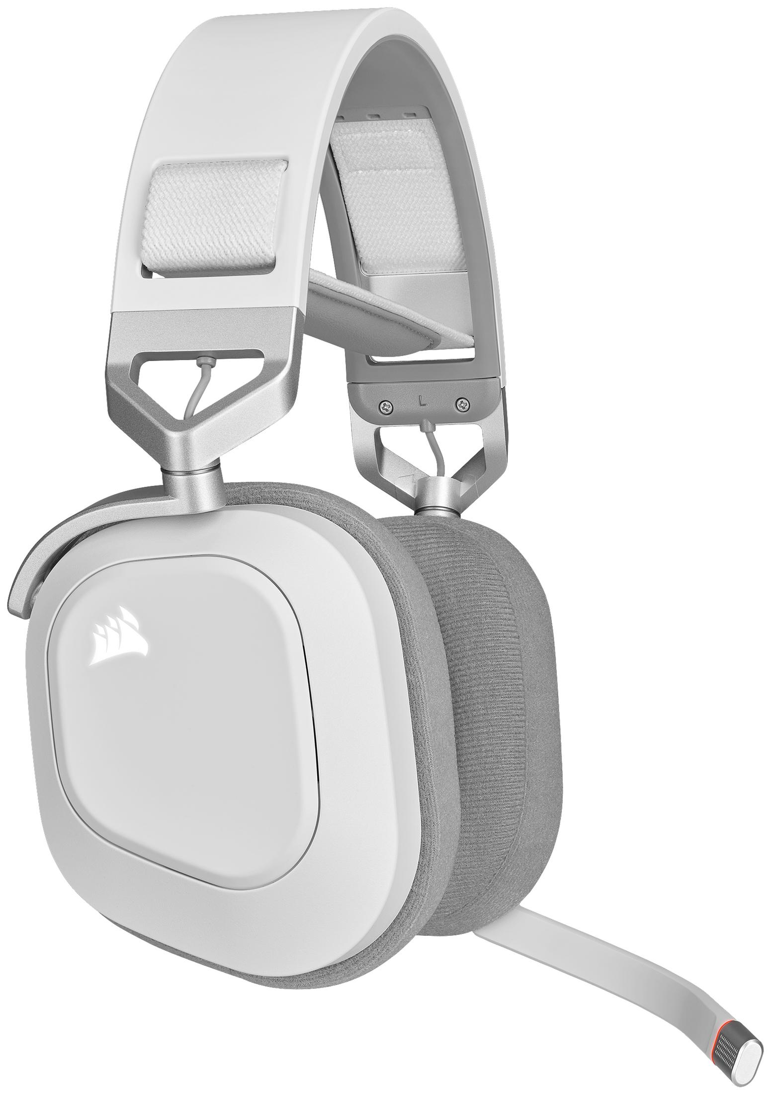 Biało-szary zestaw słuchawkowy z mikrofonem. Posiada zakrzywioną konstrukcję i wyściełaną słuchawkę.