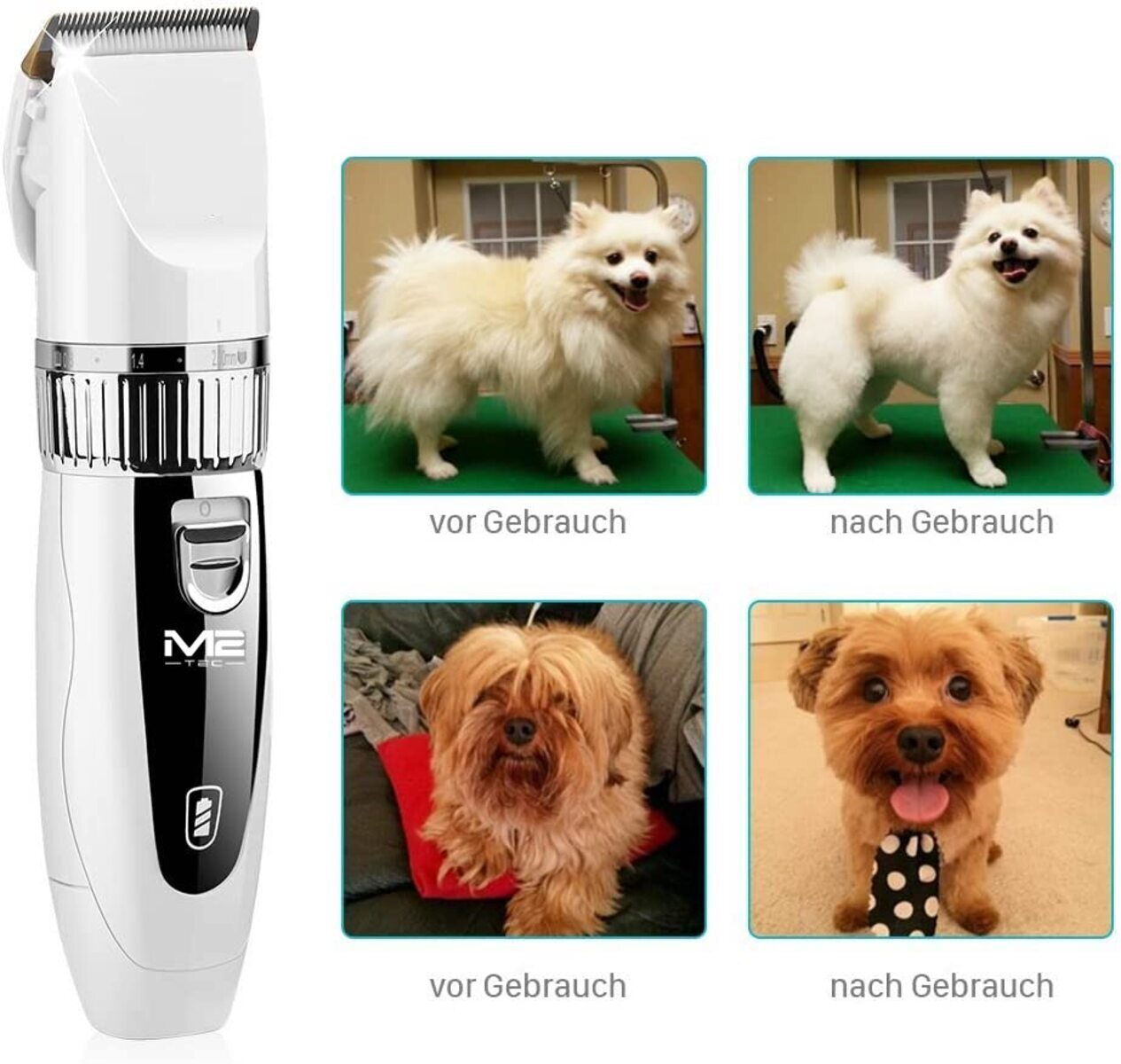 Ein weißer Hundehaarschneider mit Vorher- und Nachher-Fotos von zwei Hunden und einem Hund mit Krawatte.