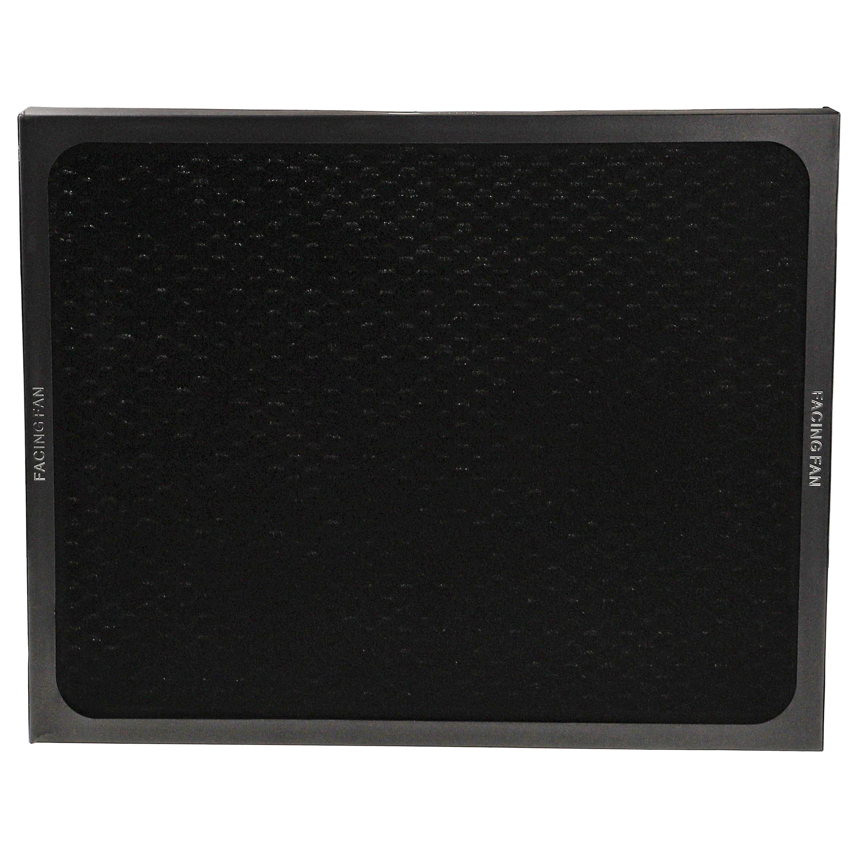 Schwarzer Luftfilter in einer Box. Die Oberfläche des Filters hat ein Rastermuster. Die Box hat den Markennamen.
