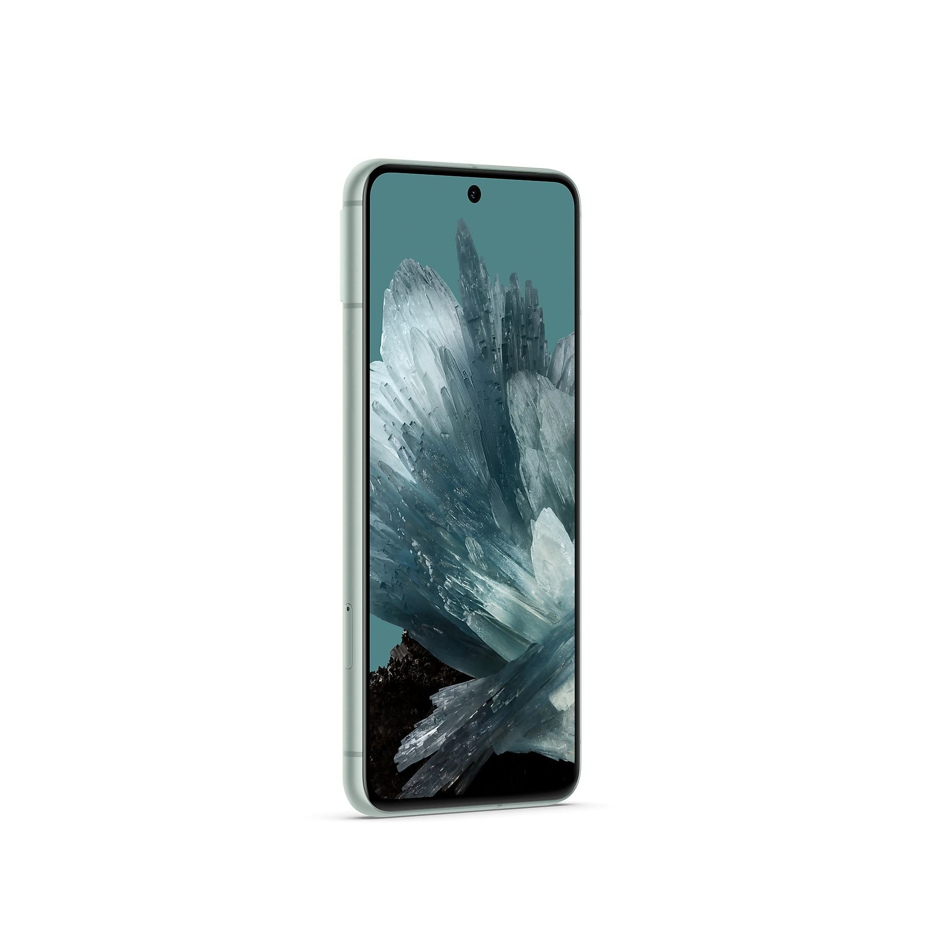 Smartphone, mint Farbe, grün. Ein Bildschirm mit kristallartiger Anzeige. Weißer Hintergrund.