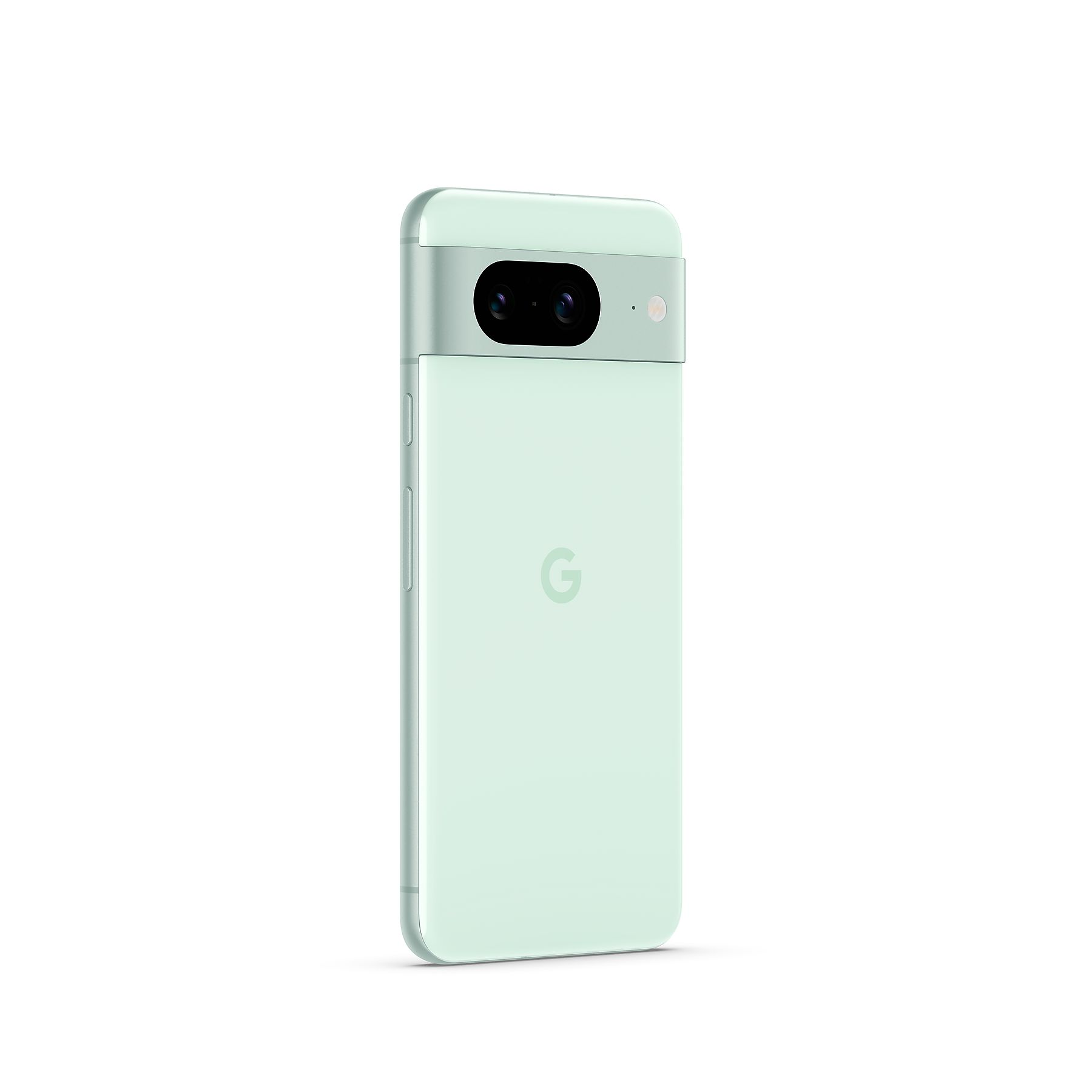 Mintgrüne Telefonrückseite. Dual-Kamera, Blitz und 'G'-Logo. Weißer Hintergrund.